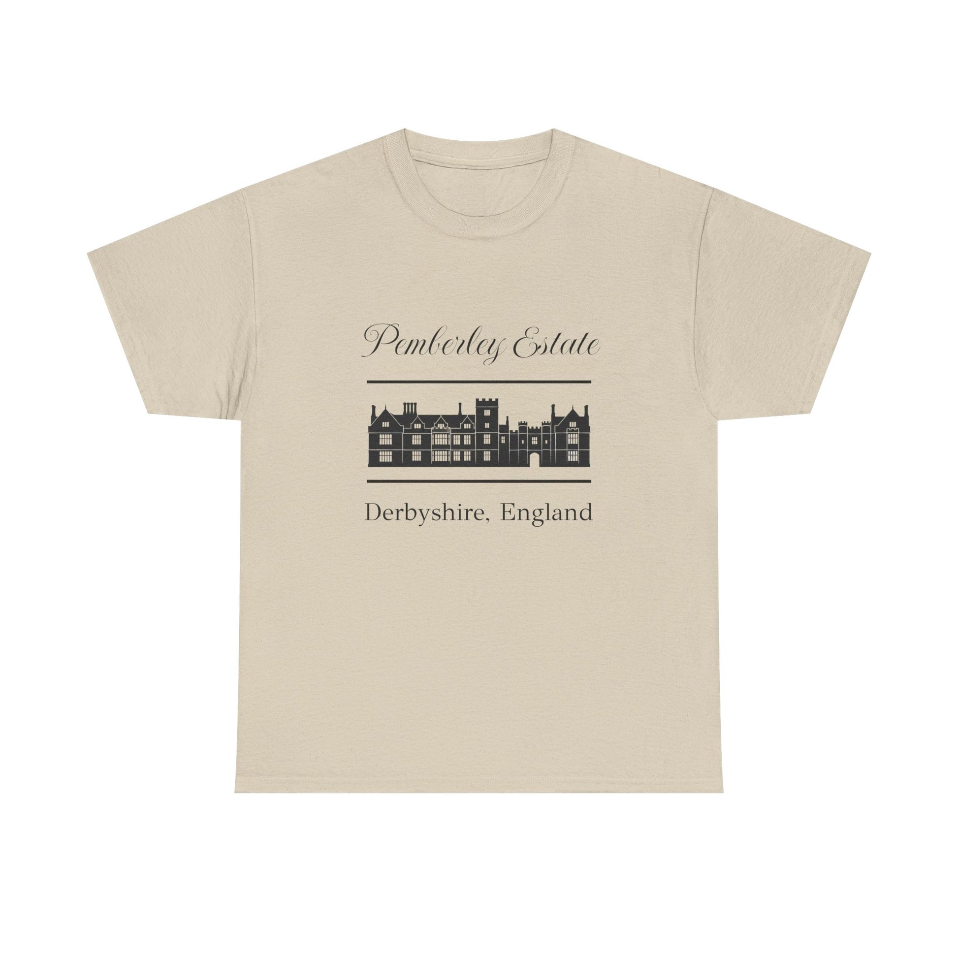 Beige t-shirt with black text Pemberley Estate and graphic