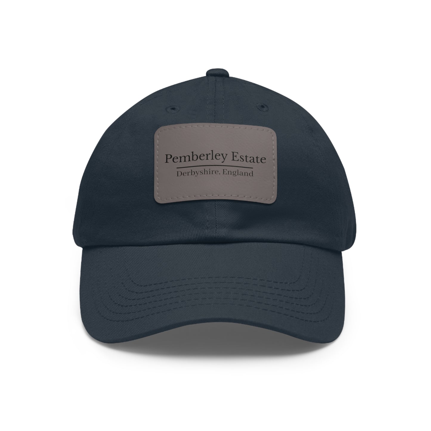 Navy blue hat with Pemberley Estate writing on  a leather patch