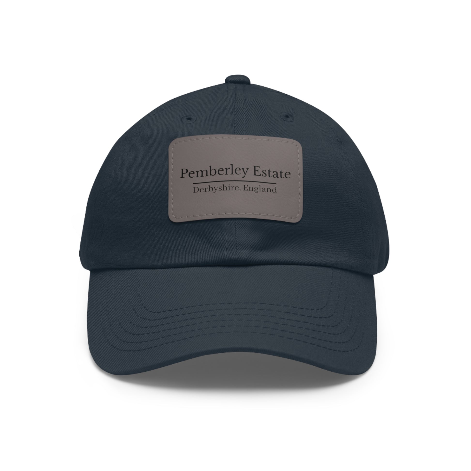 Navy blue hat with Pemberley Estate writing on  a leather patch