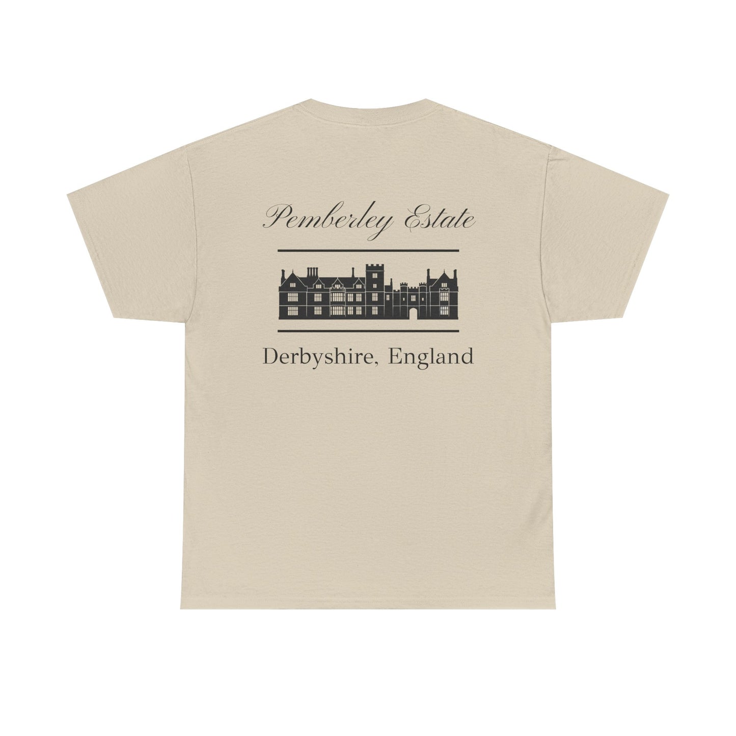 Pemberley Estate with building black text Men's t-shirt  back - natural color
