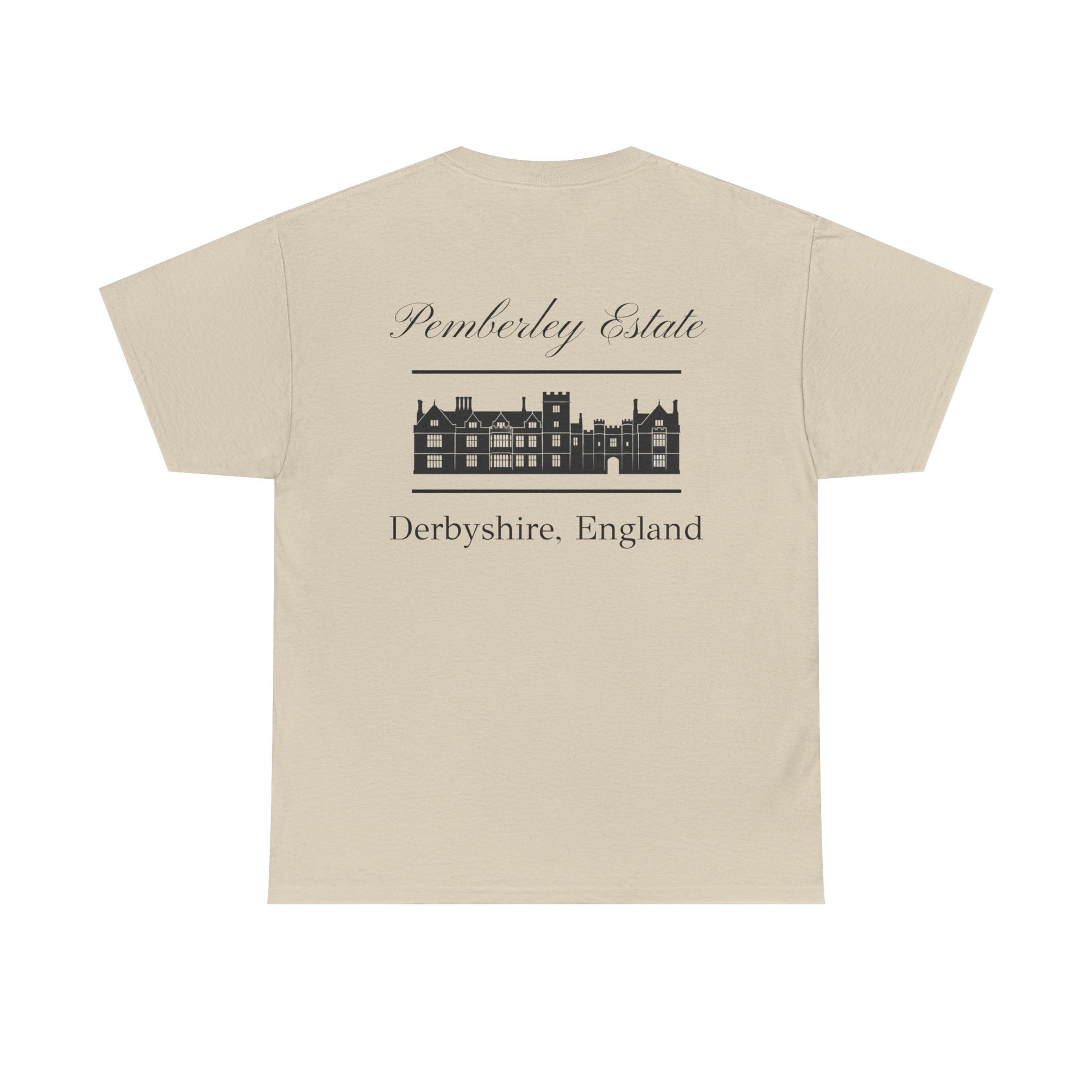 Pemberley Estate with building black text Men's t-shirt  back - natural color
