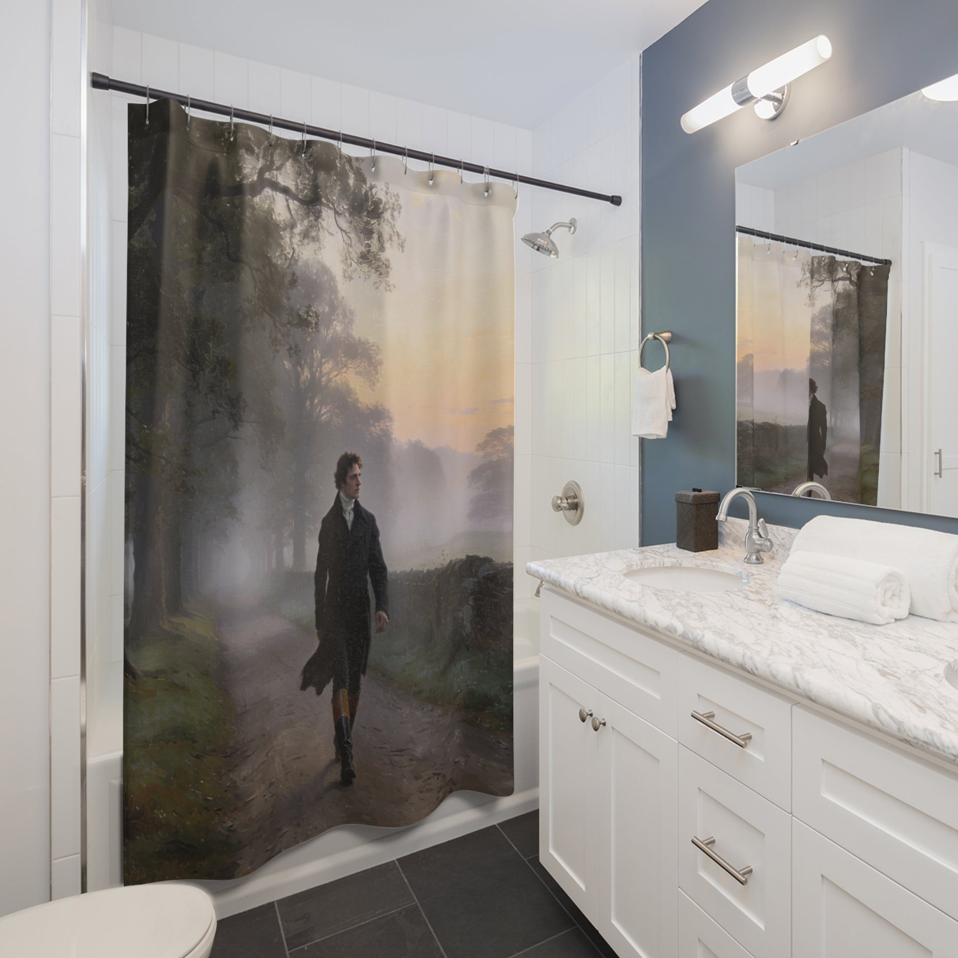 Bathroom with a shower curtain featuring a man walking in a misty landscape.