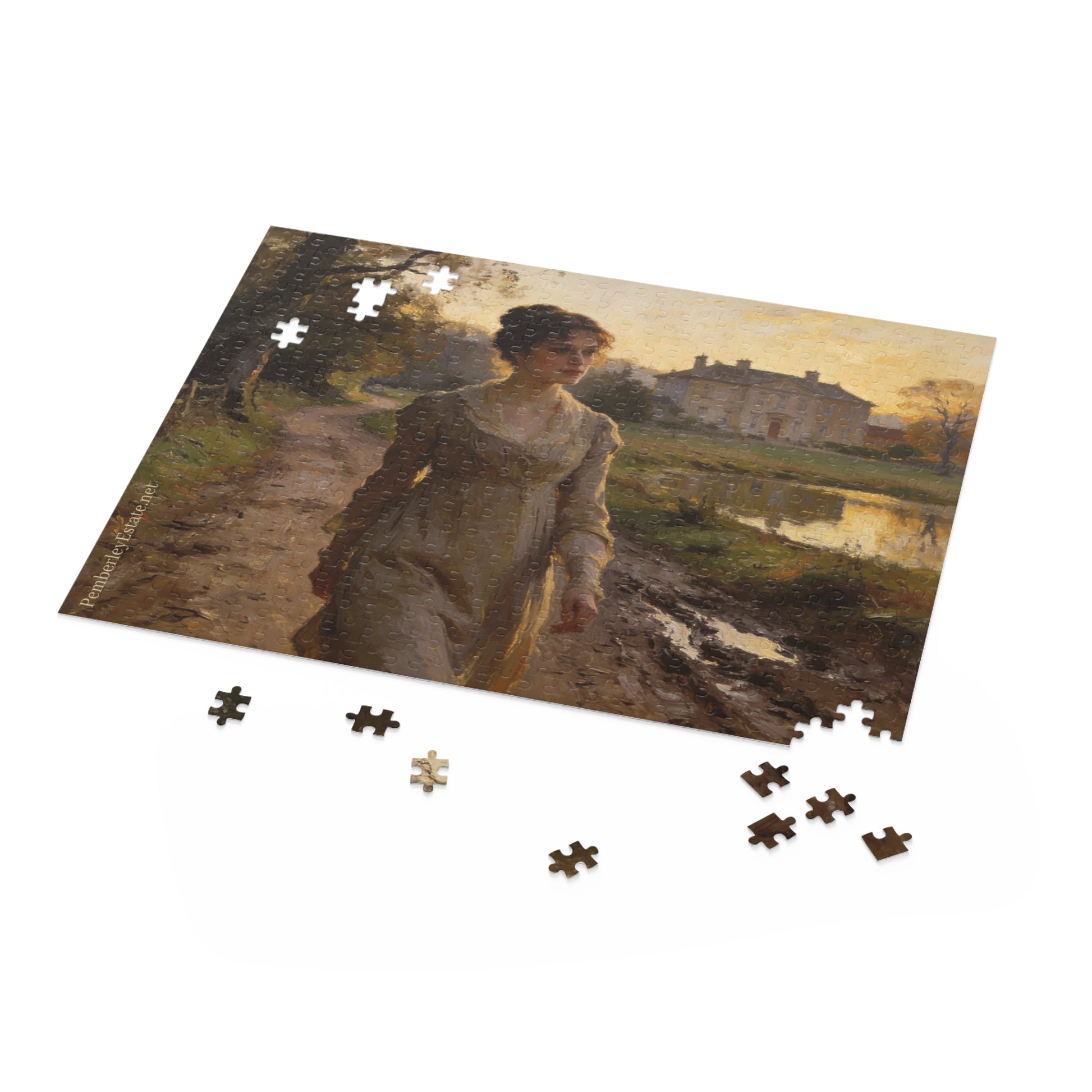 Jigsaw puzzle with a scenic painting of a woman walking in a field, with missing pieces on a white background.