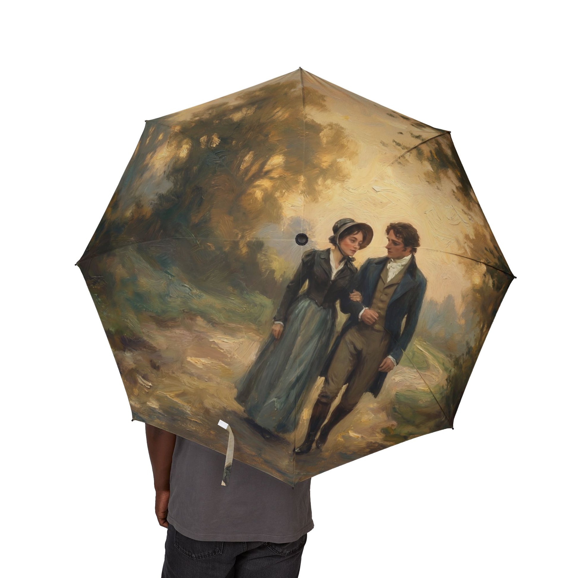 Umbrella with a painting of two people holding hands on a white background