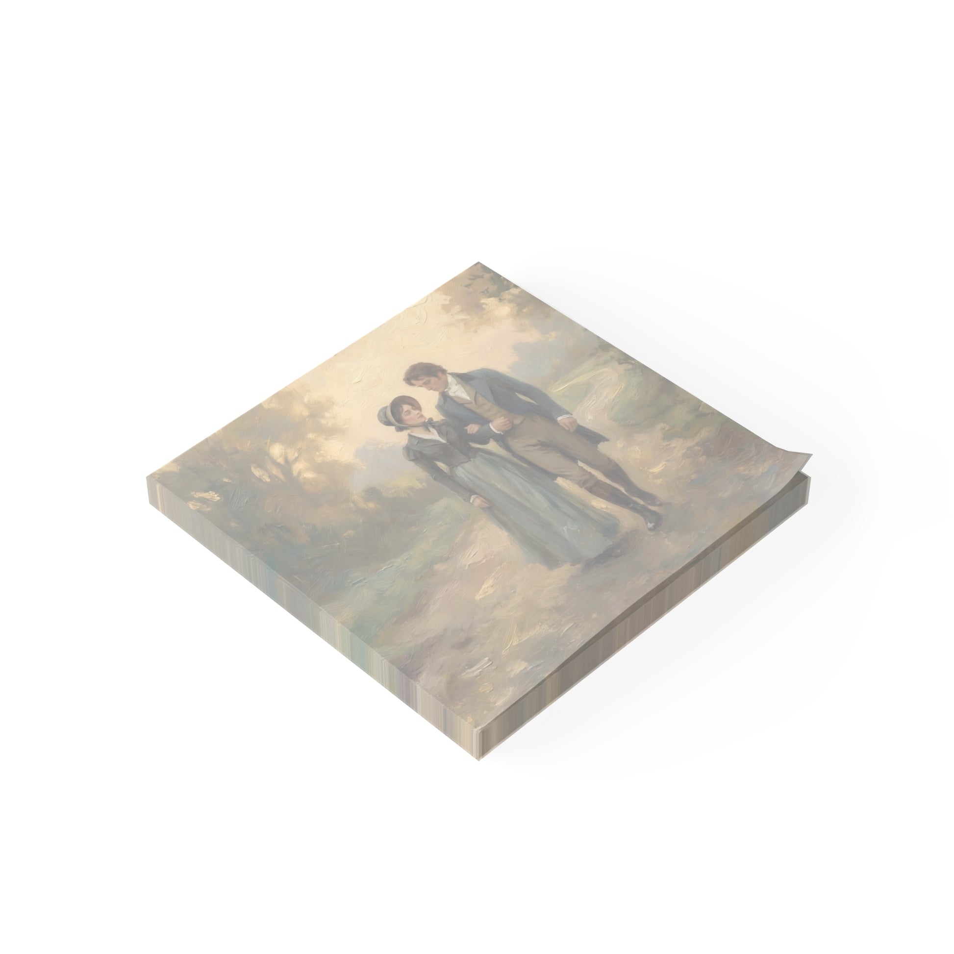 Note pad with a printed design of a couple embracing on a white background