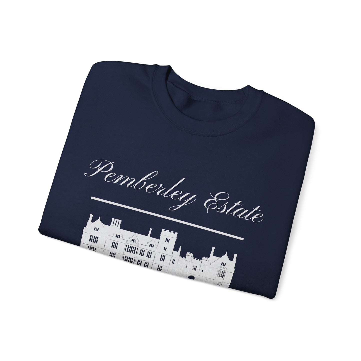 Pemberley Estate Derbyshire England lettering with building  unisex navy blue sweatshirt folded