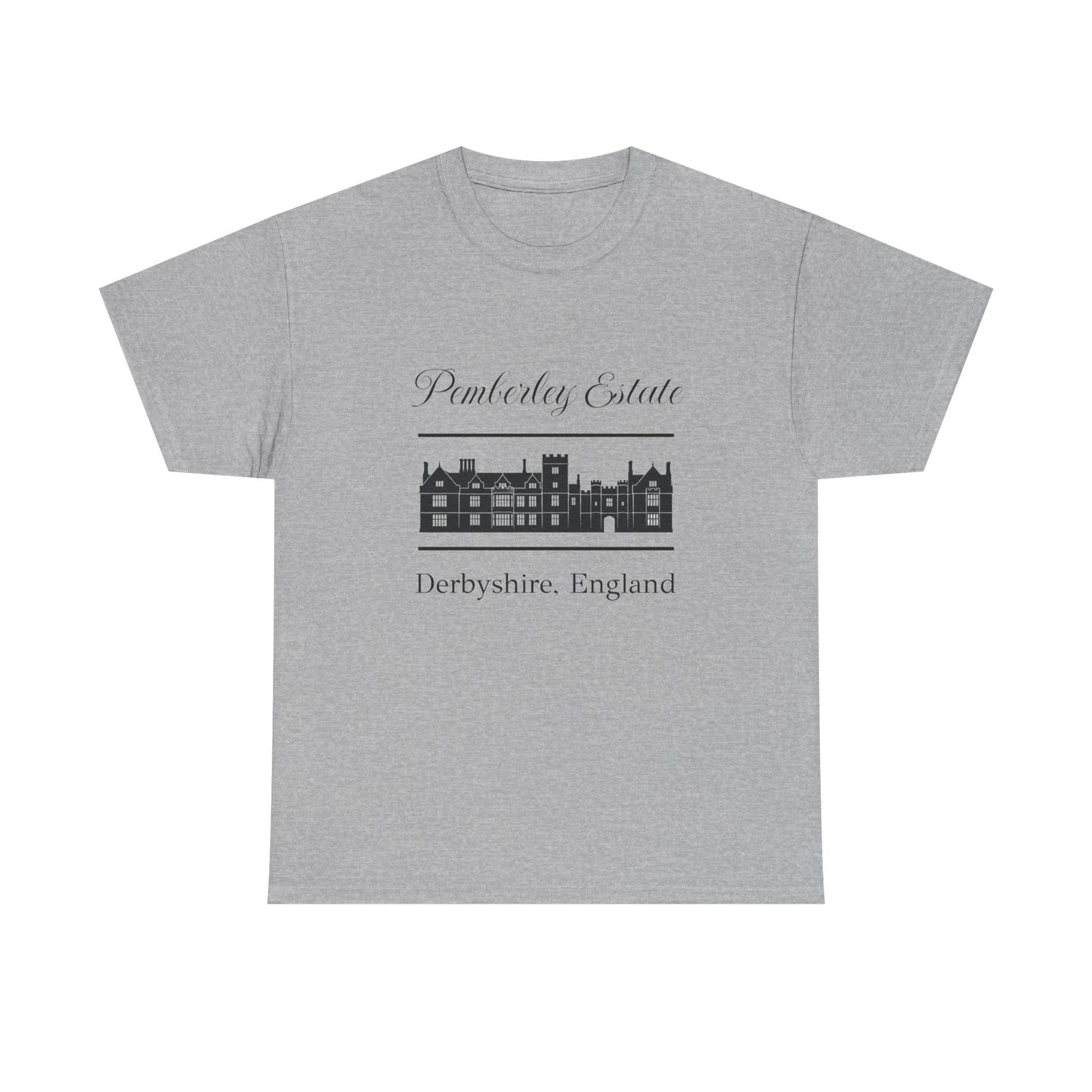 Gray t-shirt with black text Pemberley Estate and graphic