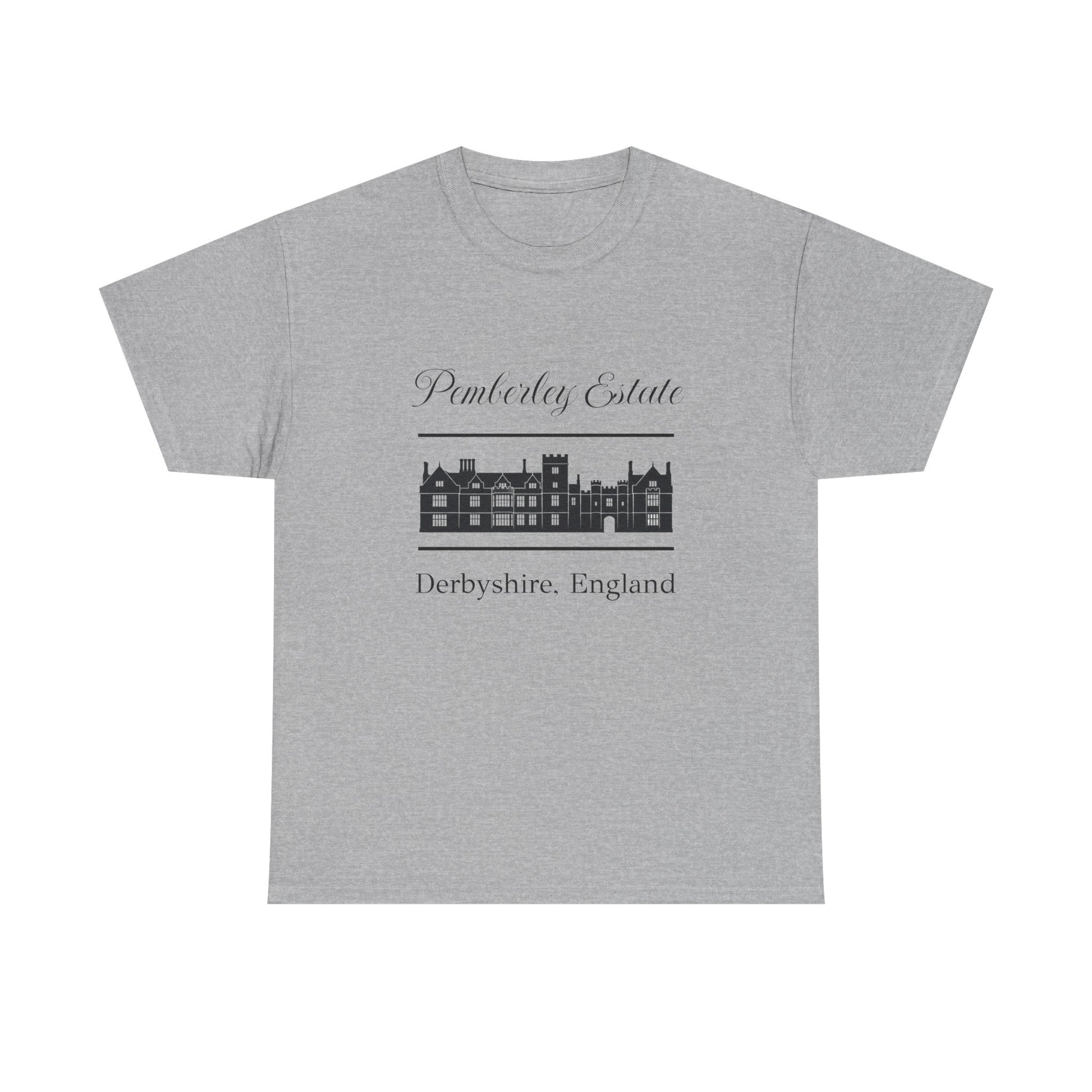 Gray t-shirt with black text Pemberley Estate and graphic