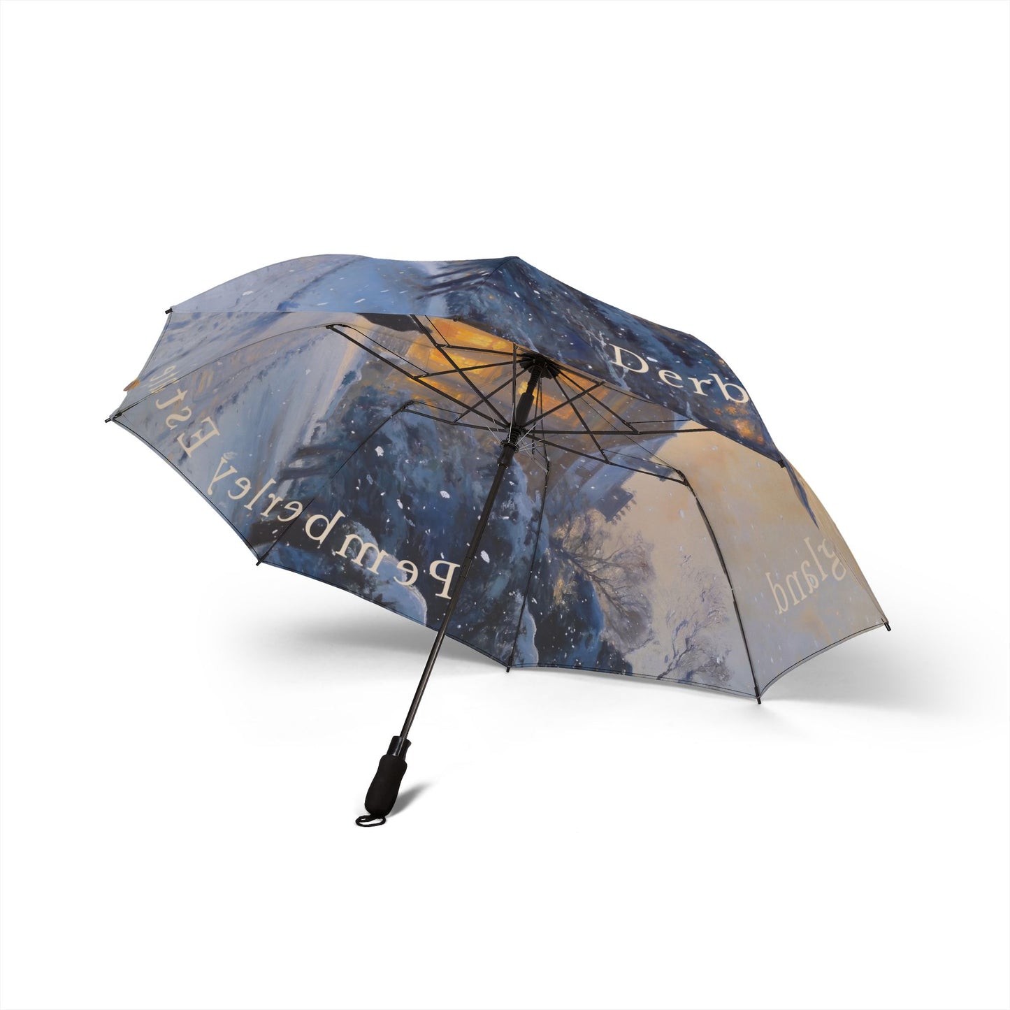 Umbrella with artistic design and text on a white background