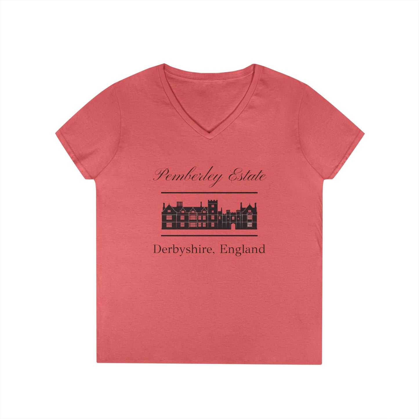 Pemberley Estate Derbyshire England with building text on woman's v-neck t-shirt - Coral color