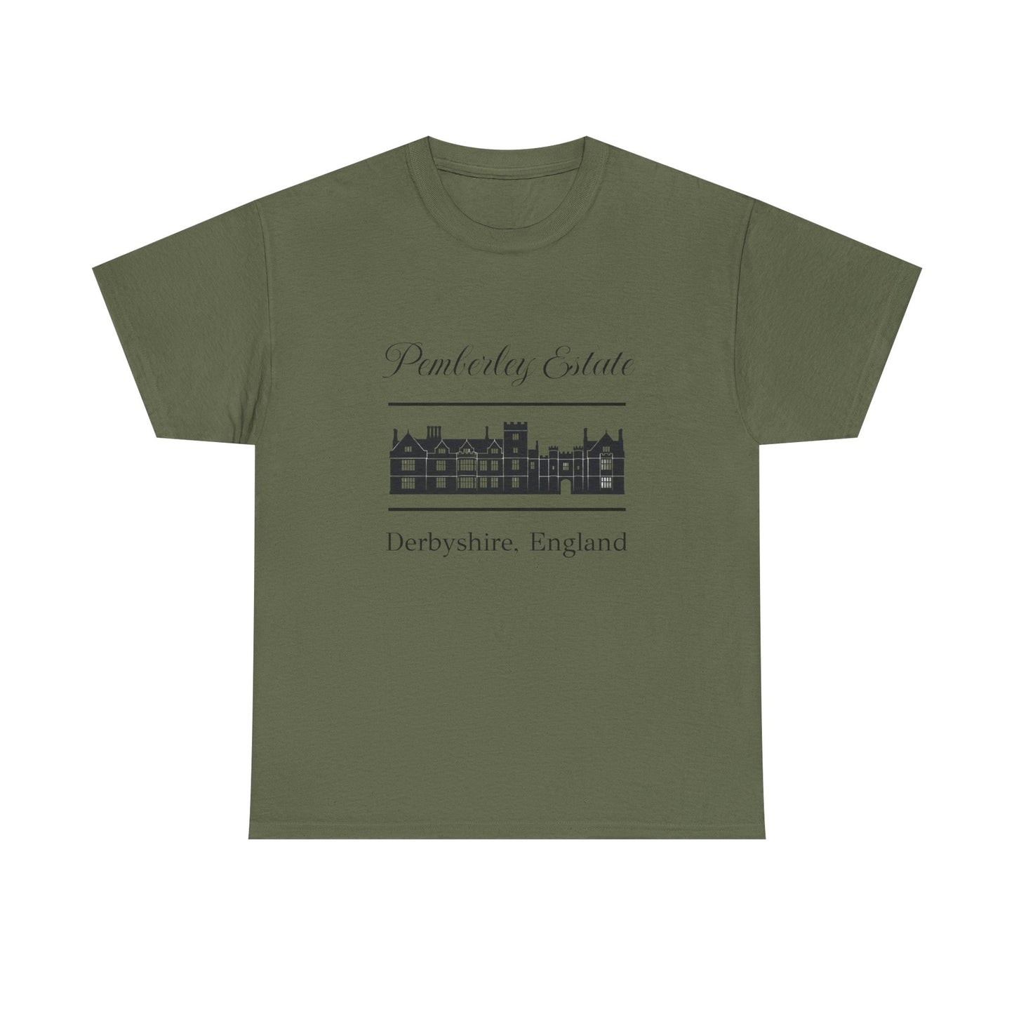 Olive green t-shirt with black text Pemberley Estate and graphic