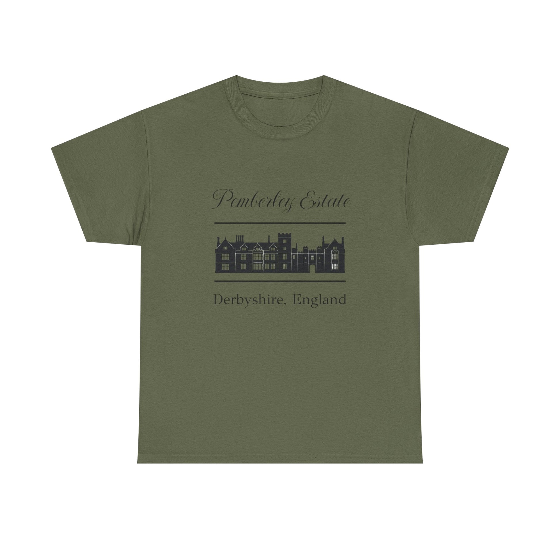 Olive green t-shirt with black text Pemberley Estate and graphic
