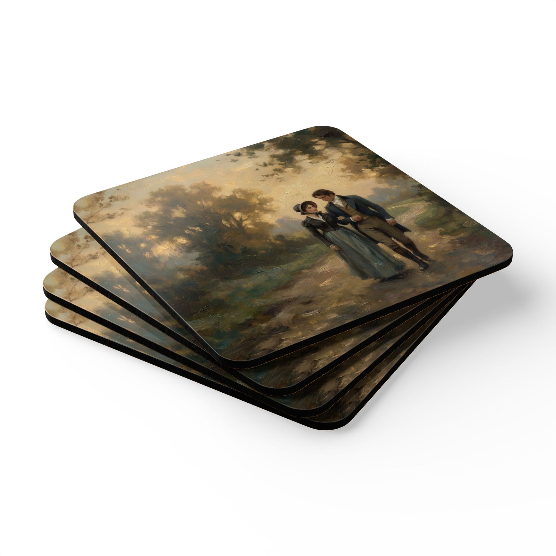 Set of four coasters with Painting of Lizzy and Darcy walking arm-in-arm down a country lane