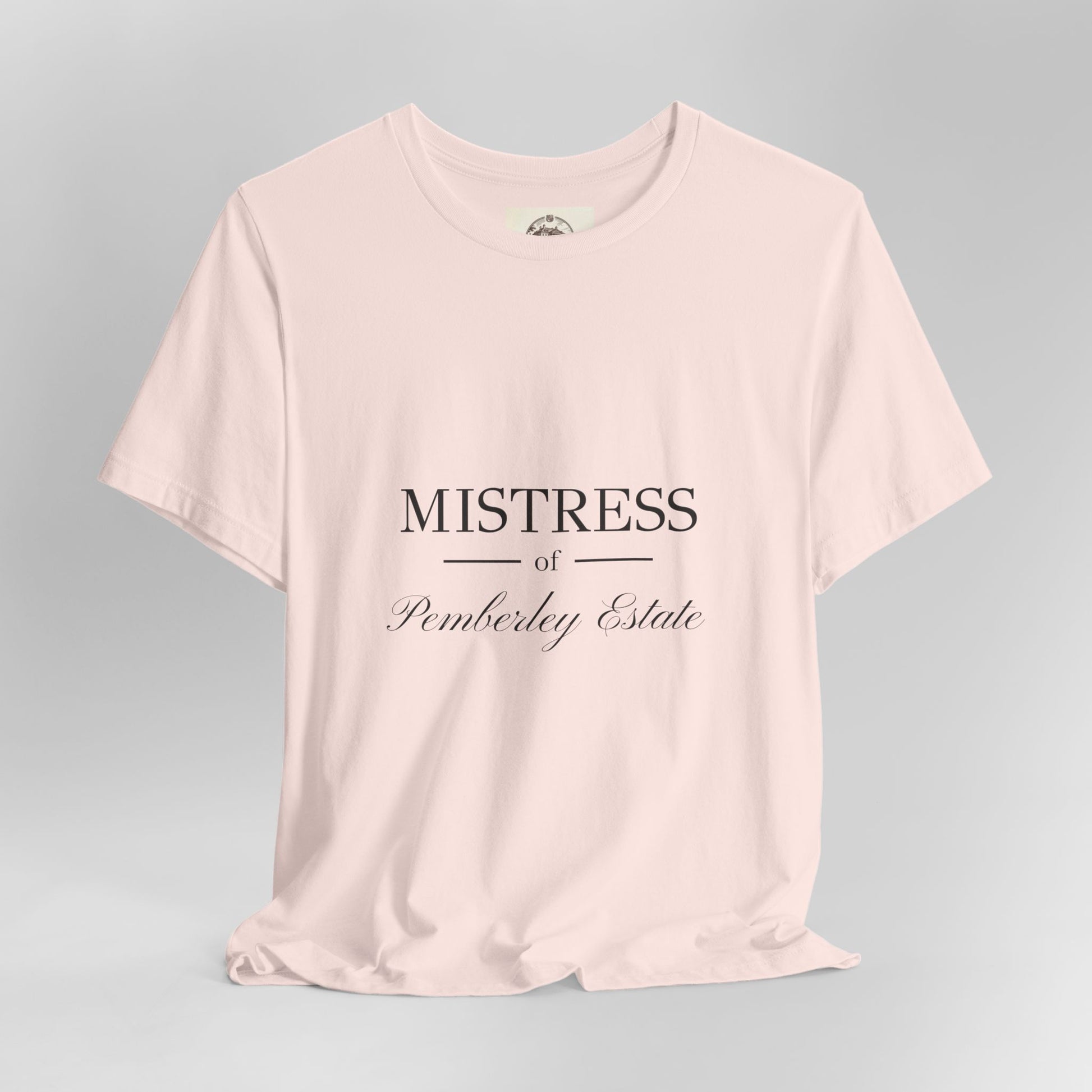 Mistress of Pemberley Estate black text on woman's t-shirt - soft pink hanging