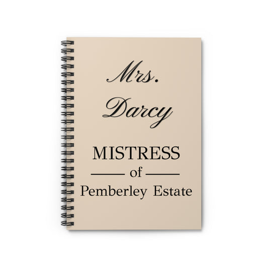 Mrs Darcy Mistress of Pemberley Estate text on tan colored journal