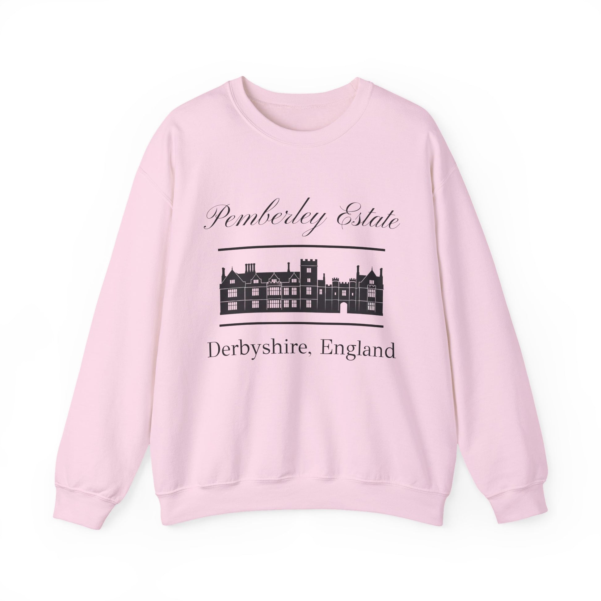 Pemberley Estate Derbyshire England lettering with building  unisex pink sweatshirt