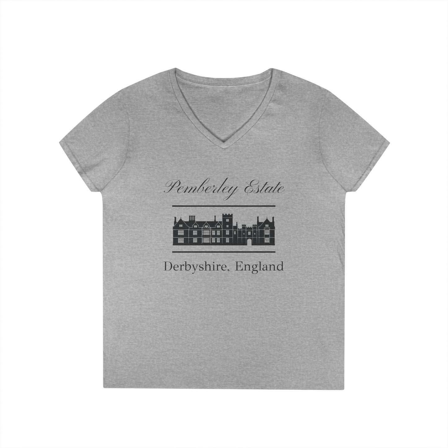 Pemberley Estate Derbyshire England with building text on woman's v-neck t-shirt - sport gray