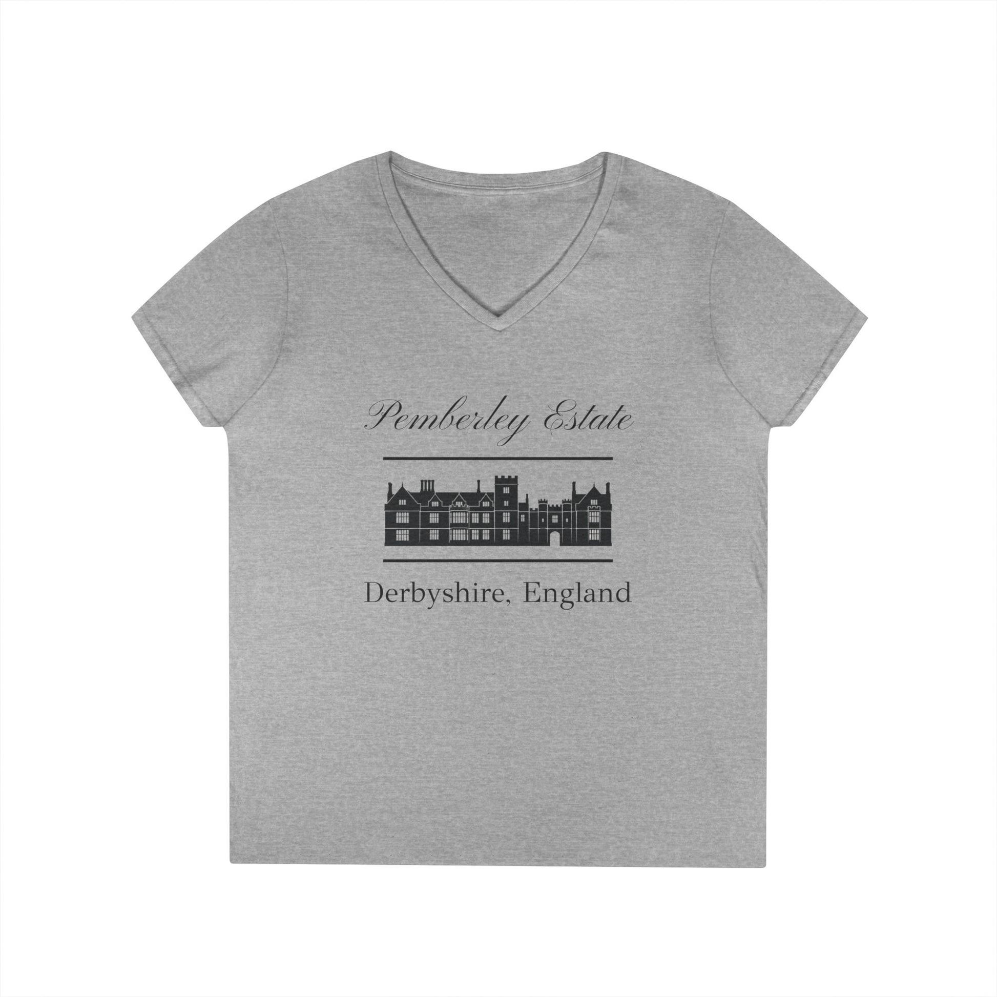 Pemberley Estate Derbyshire England with building text on woman's v-neck t-shirt - sport gray