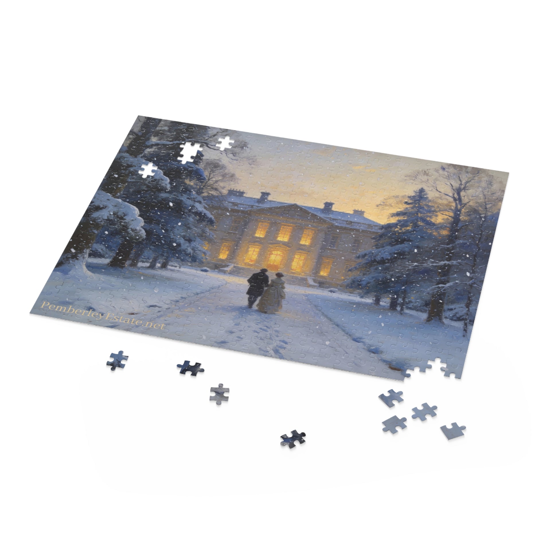 Jigsaw puzzle with a snowy scene of a house and people, missing pieces on a white background