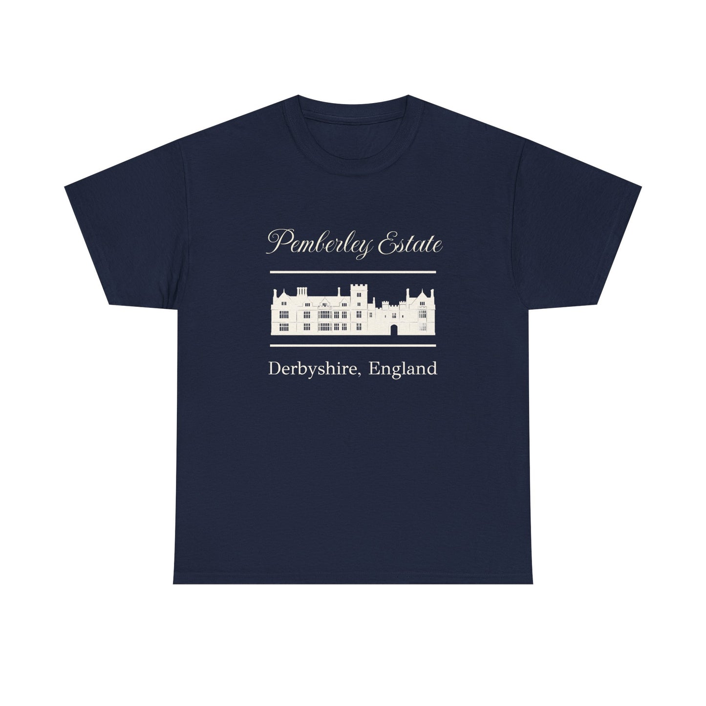 Navy blue t-shirt with black text Pemberley Estate and graphic
