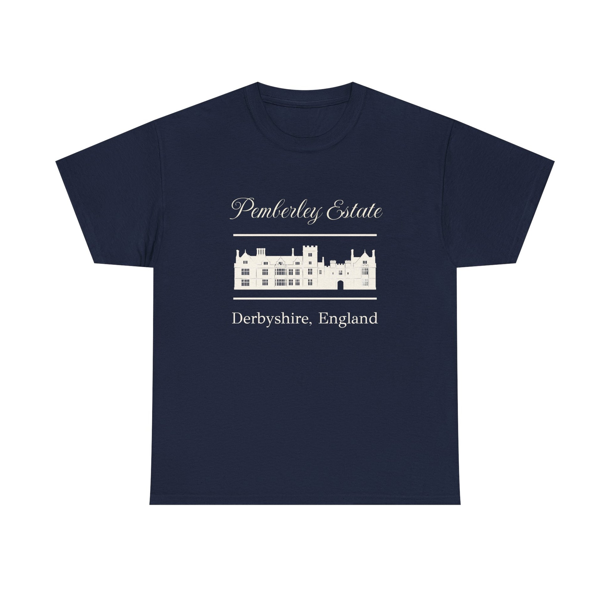 Navy blue t-shirt with black text Pemberley Estate and graphic