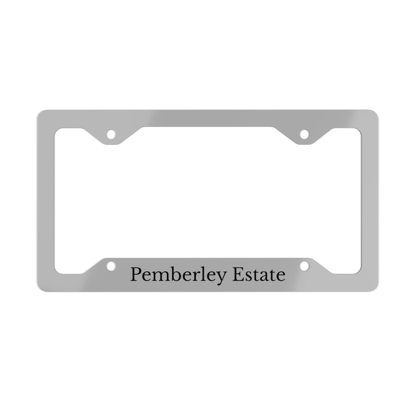 Metallic license plate frame with 'Pemberley Estate' engraving on a white background