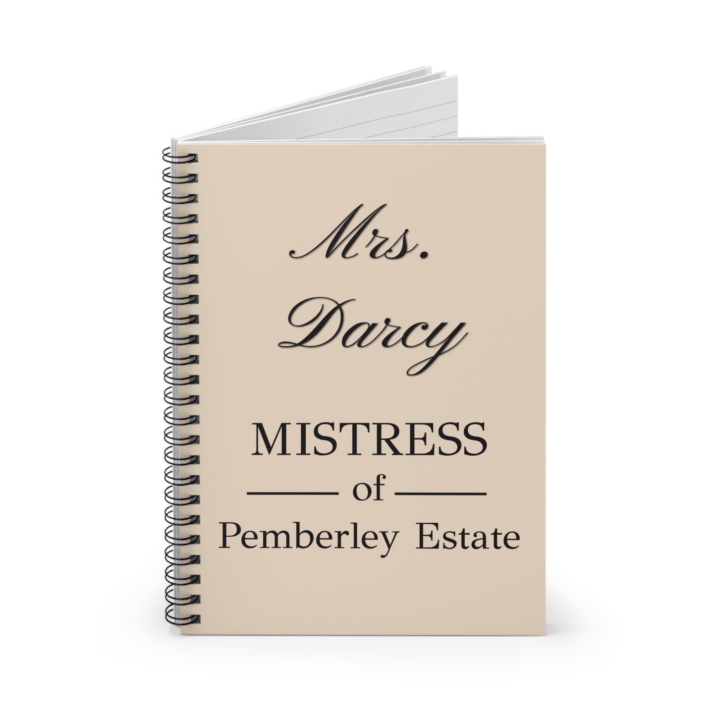 Mrs Darcy Mistress of Pemberley Estate text on tan colored journal open