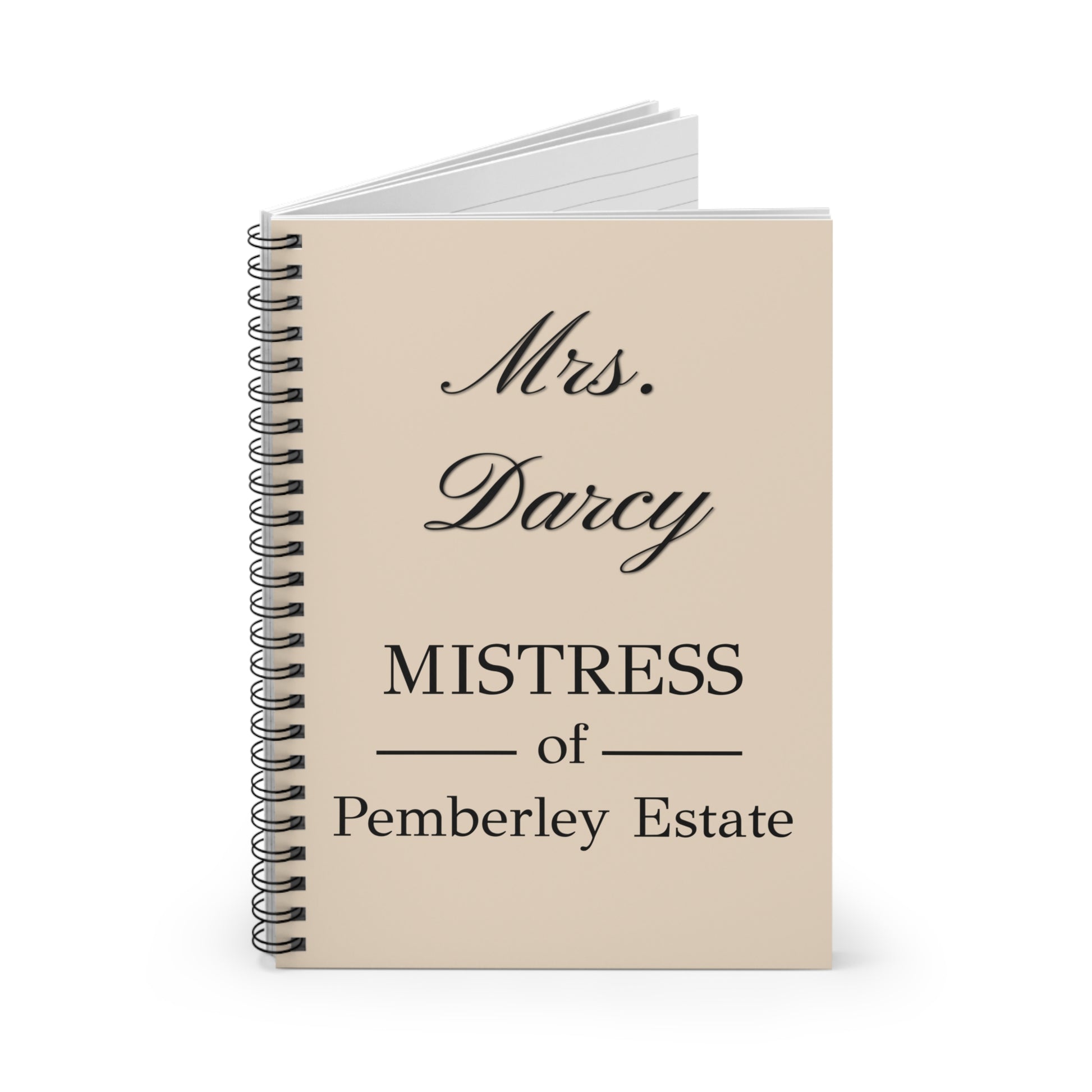 Mrs Darcy Mistress of Pemberley Estate text on tan colored journal open