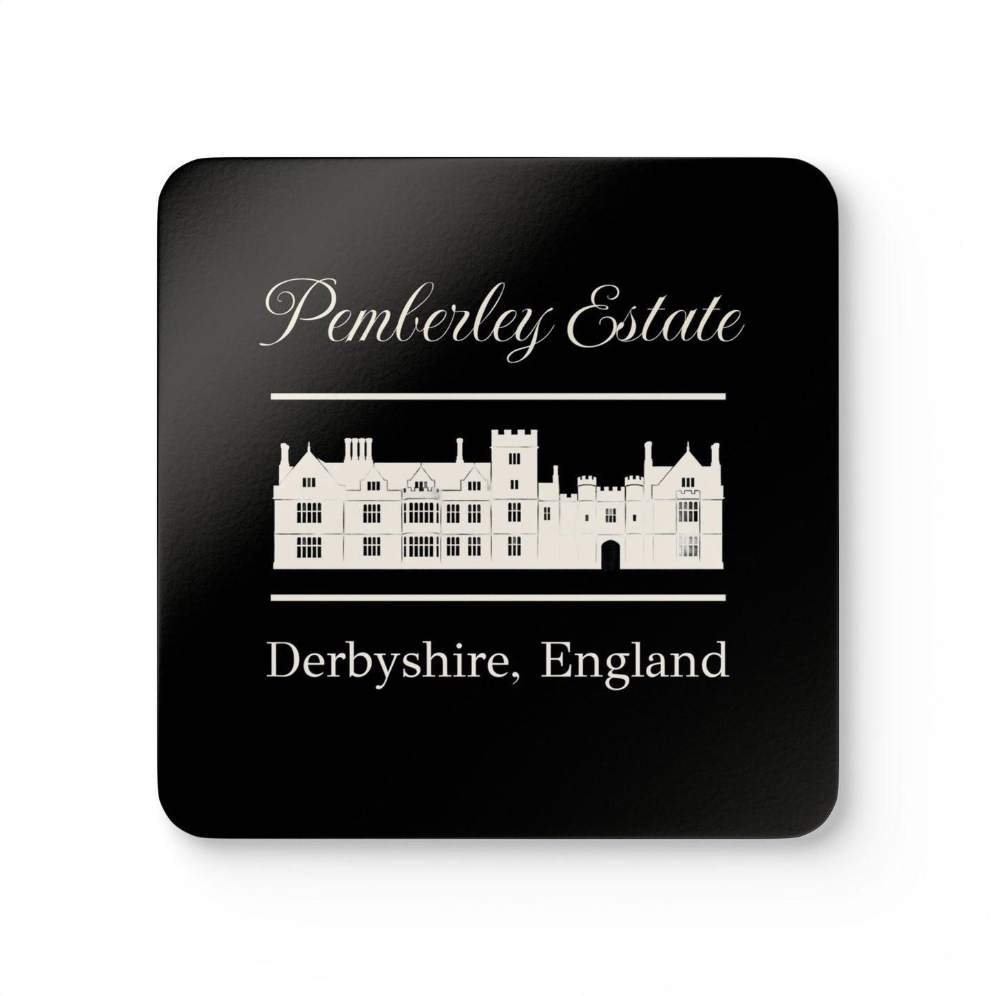 Square coaster with Pemberley Estate design on a black background
