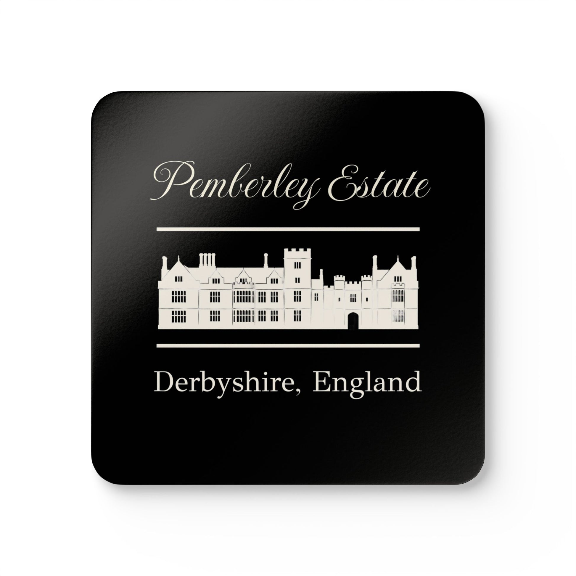 Square coaster with Pemberley Estate design on a black background
