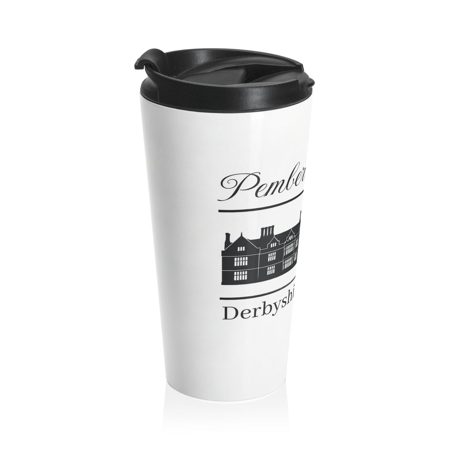 White travel mug with black text Pemberley Estate and design on a white background