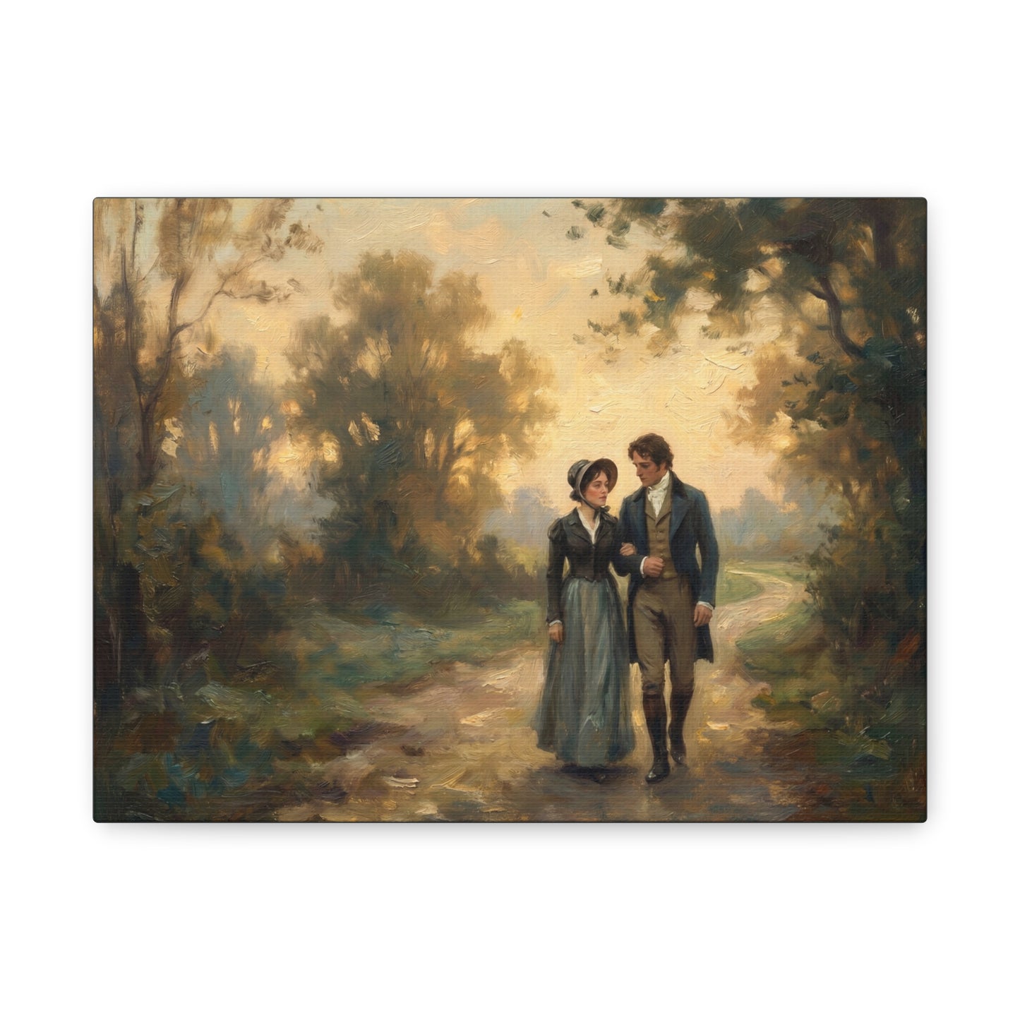 Painting of a couple walking hand in hand through a forest