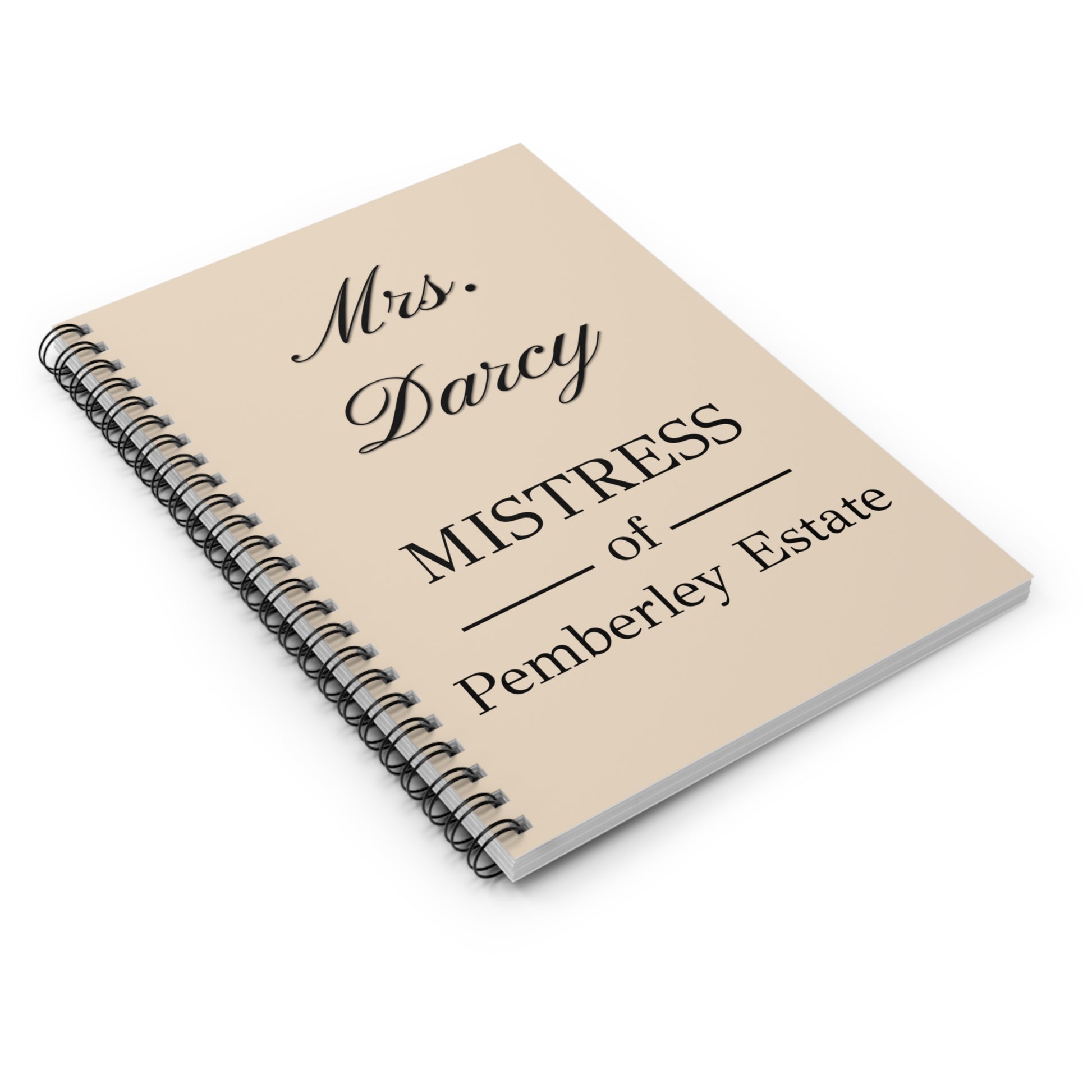 Mrs Darcy Mistress of Pemberley Estate text on tan colored journal at angle