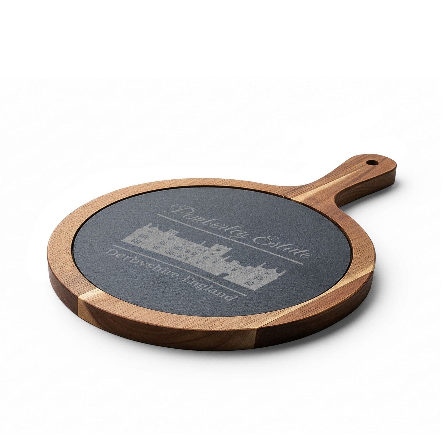 Pemberley Estate Derbyshire England with building etching on small cutting board angle