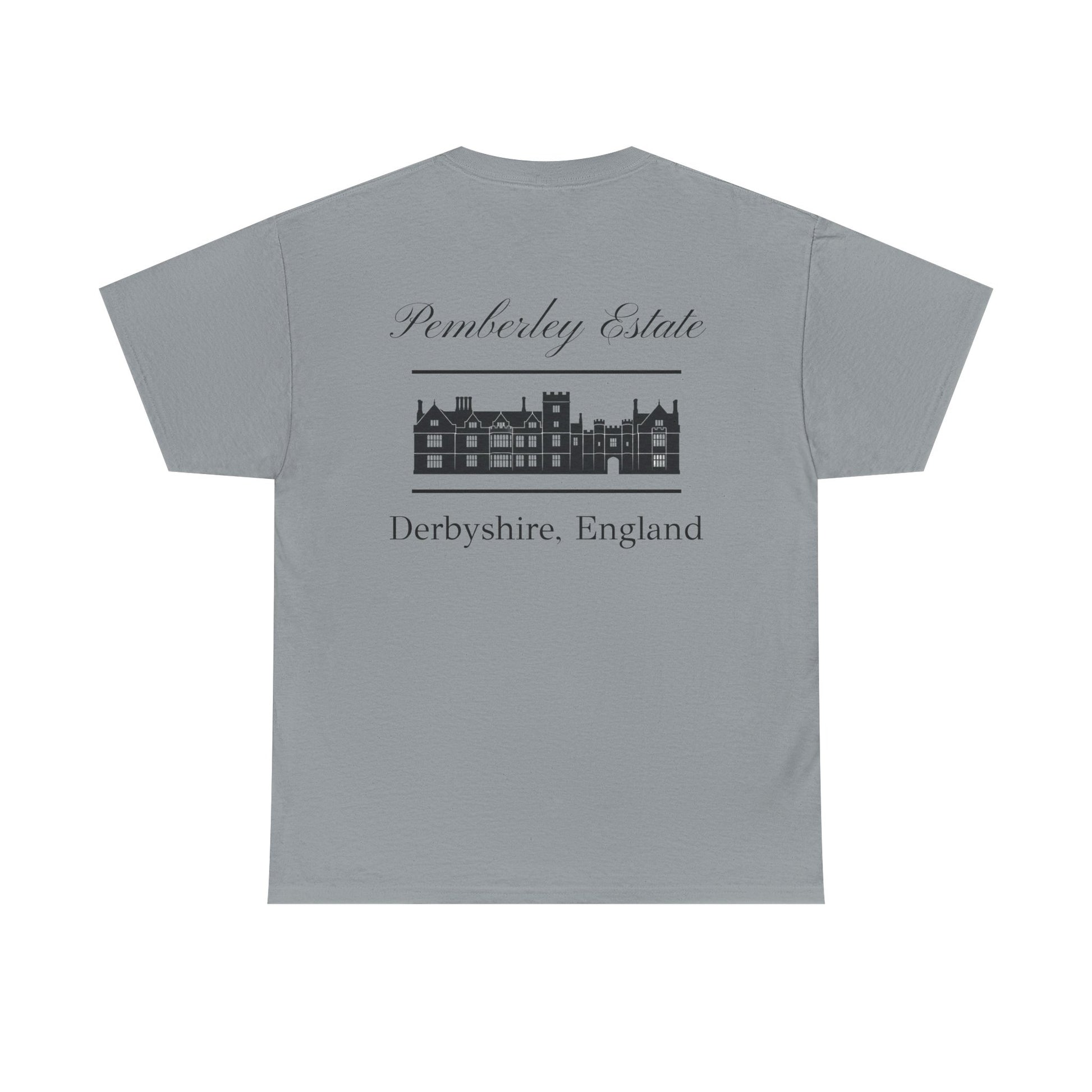 Pemberley Estate with building black text Men's t-shirt  back - slate color