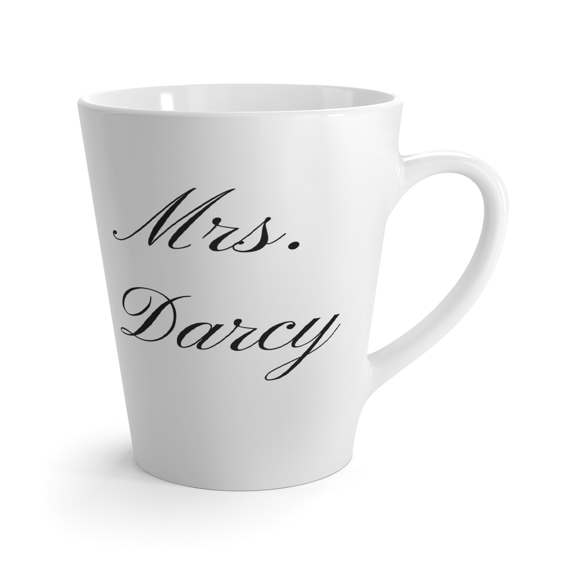 Mrs Darcy mistress of Pemberley Estate black text on white latte mug front