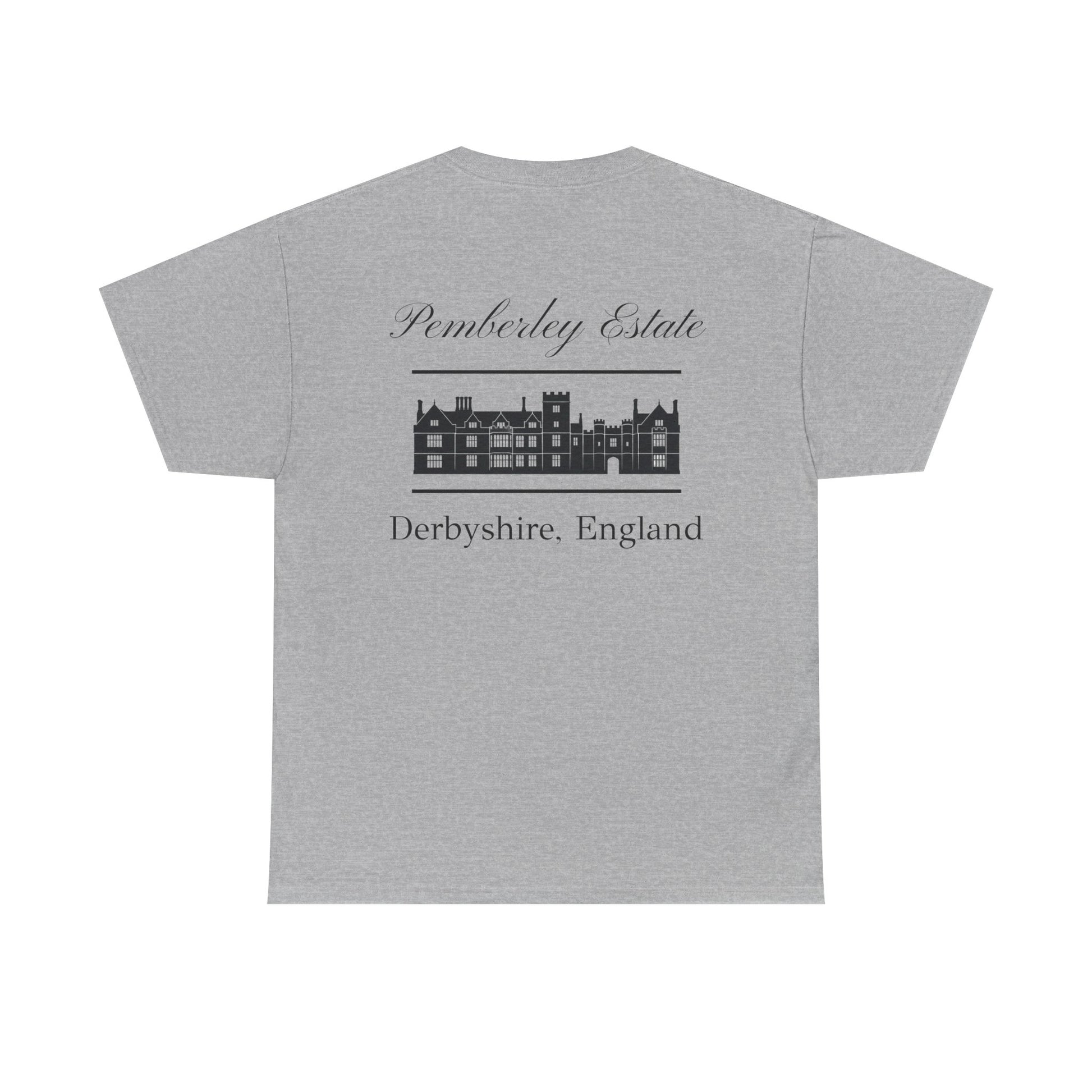 Pemberley Estate with building black text Men's t-shirt  back - gray color