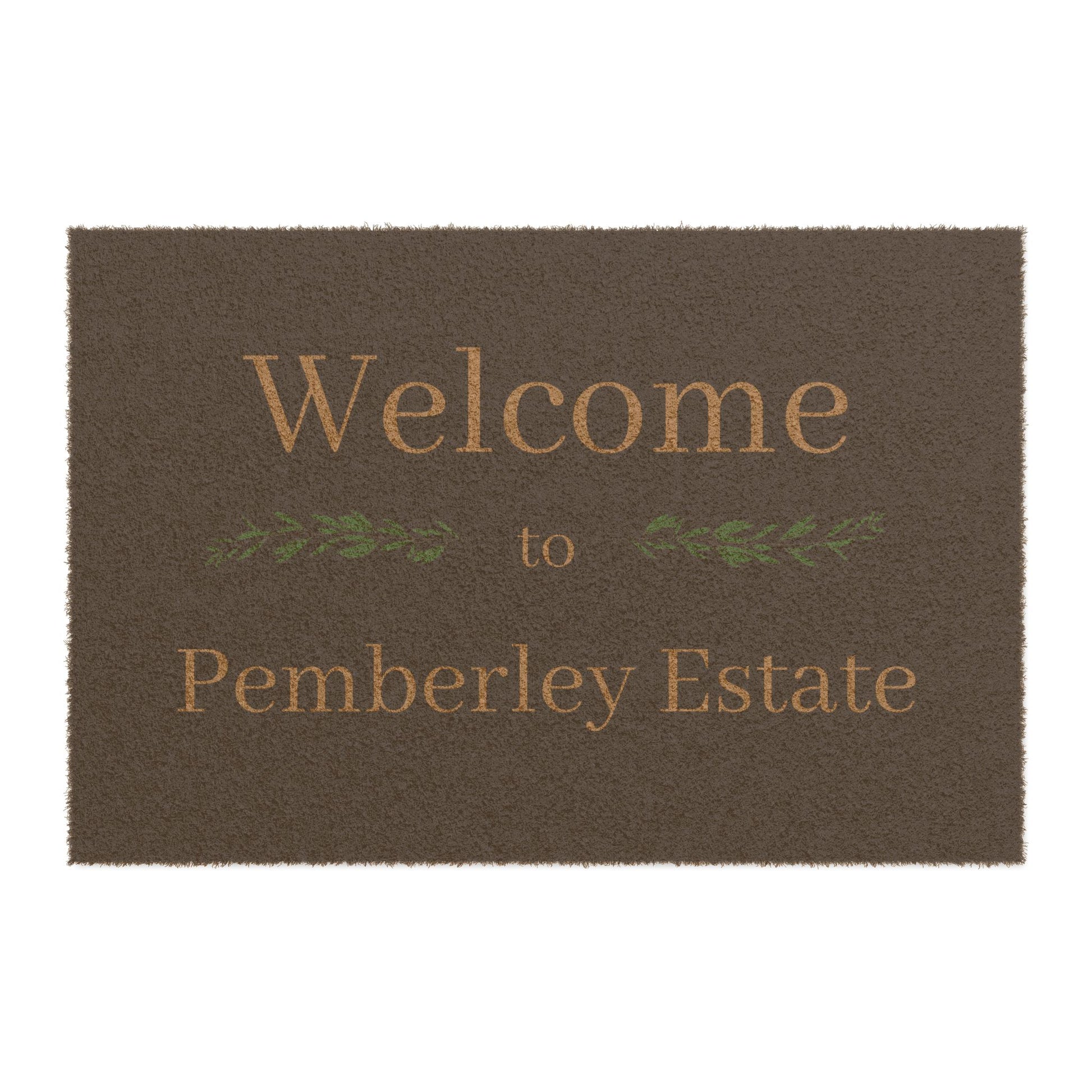 Welcome to Pemberley Estate text on front porch mat - natural with tan text