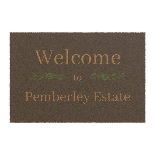Welcome to Pemberley Estate text on front porch mat - natural with tan text