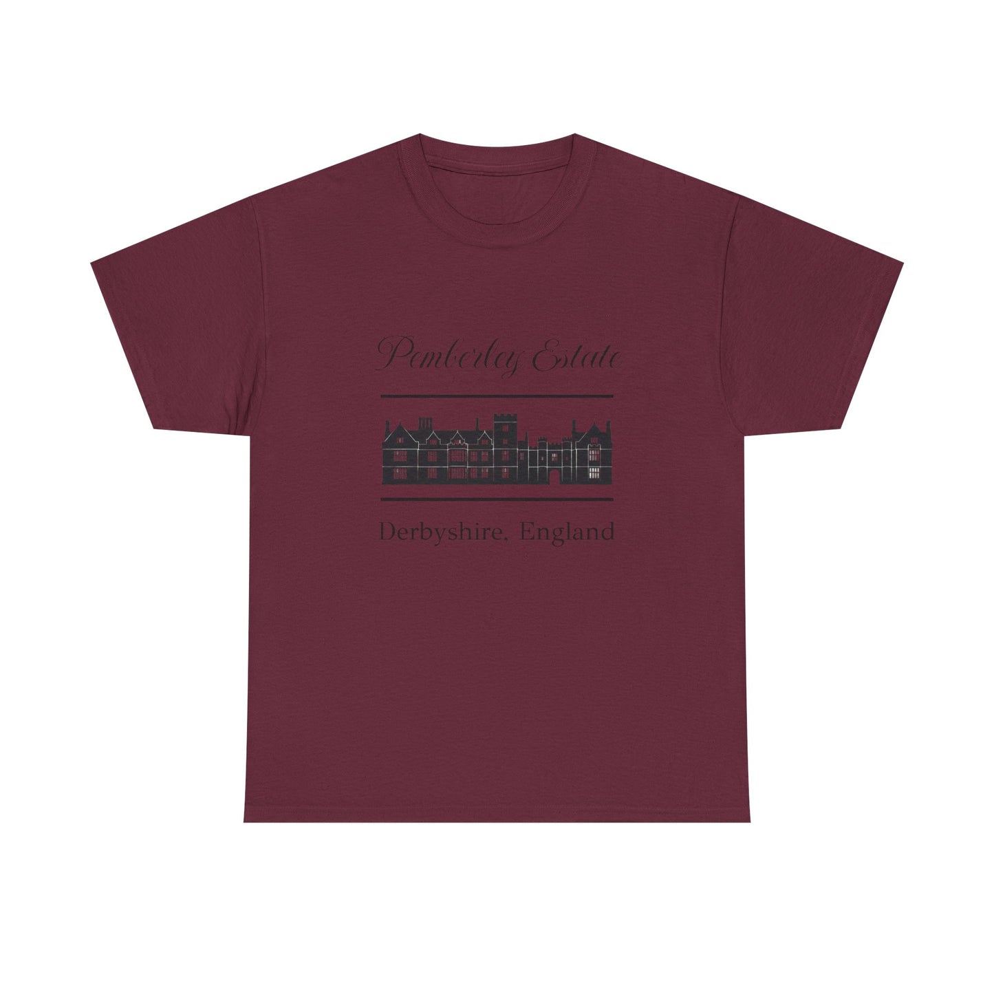 Maroon  t-shirt with black text Pemberley Estate and graphic