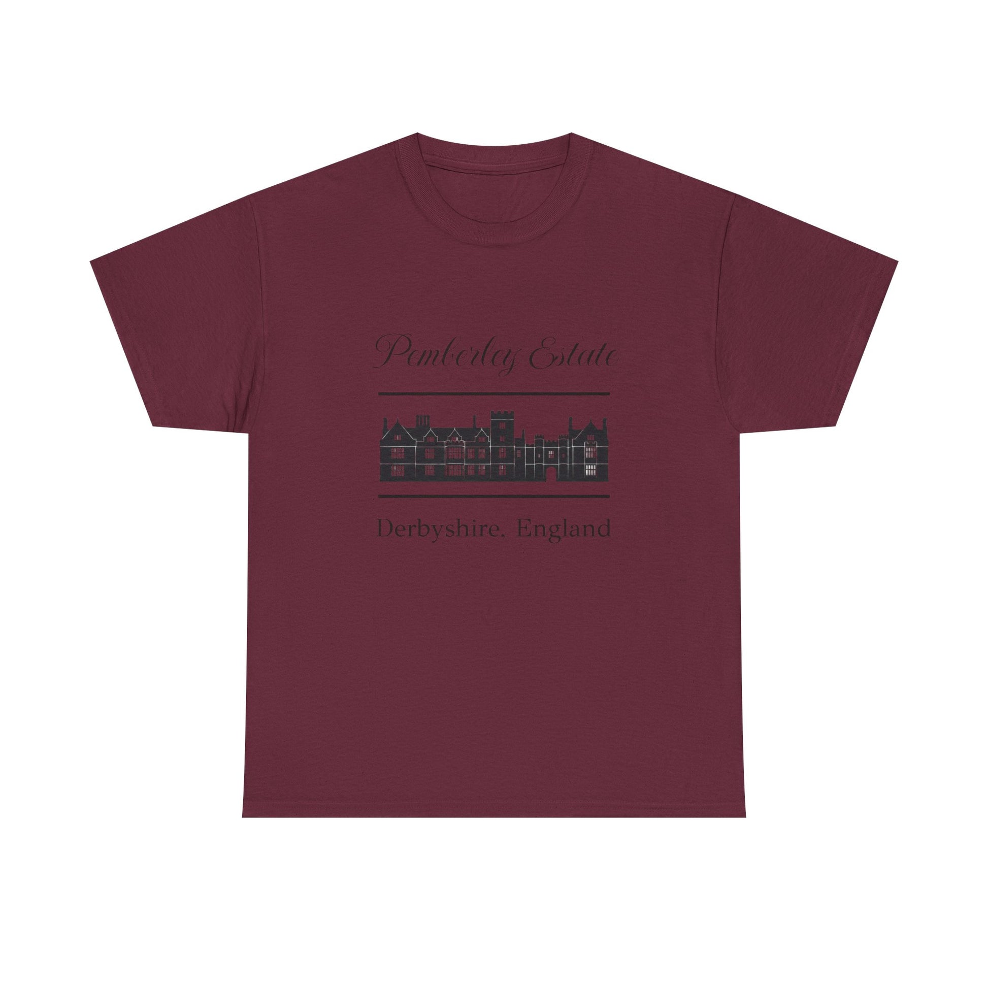 Maroon  t-shirt with black text Pemberley Estate and graphic