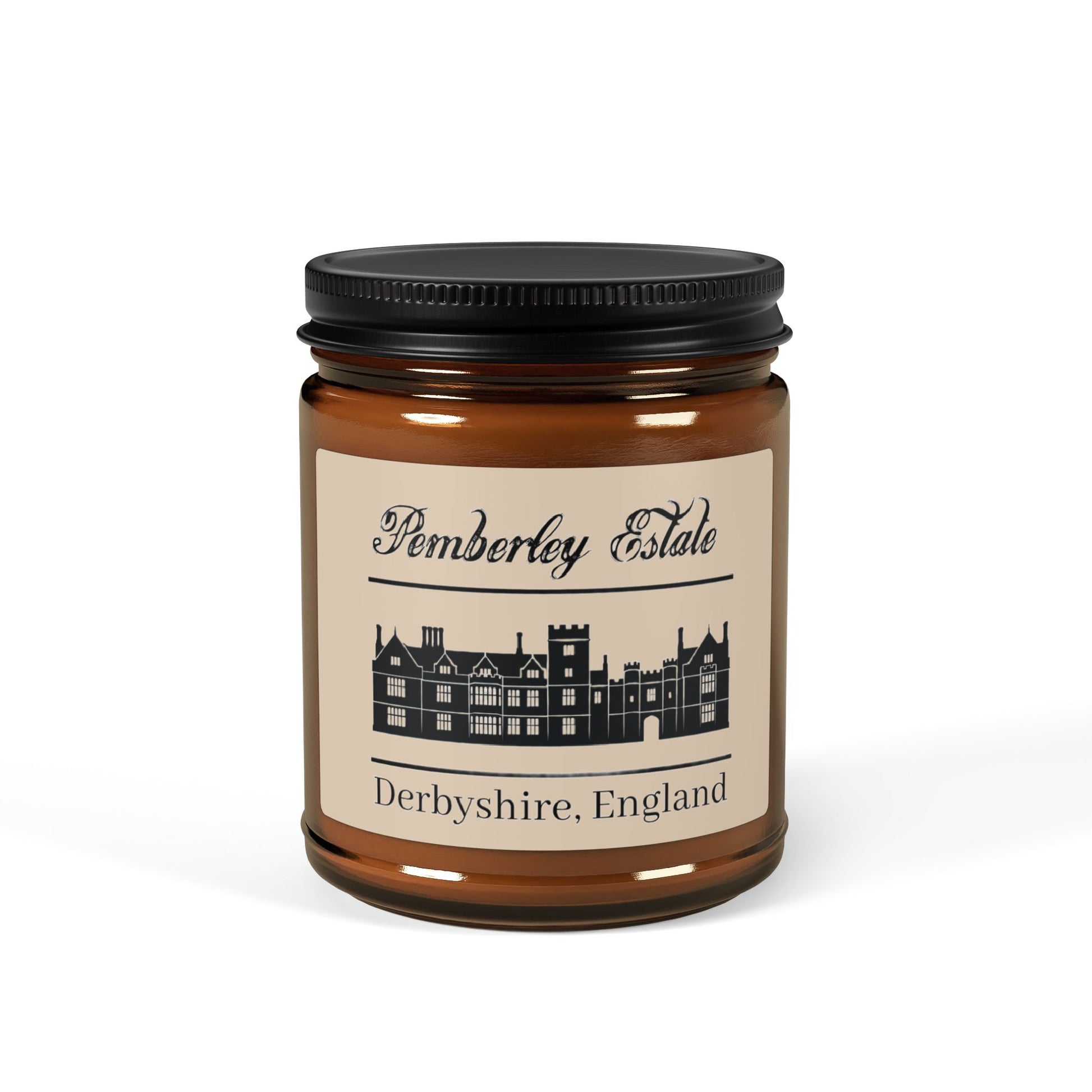 Pemberley Estate Derbyshire England with building black text on candle - lid on