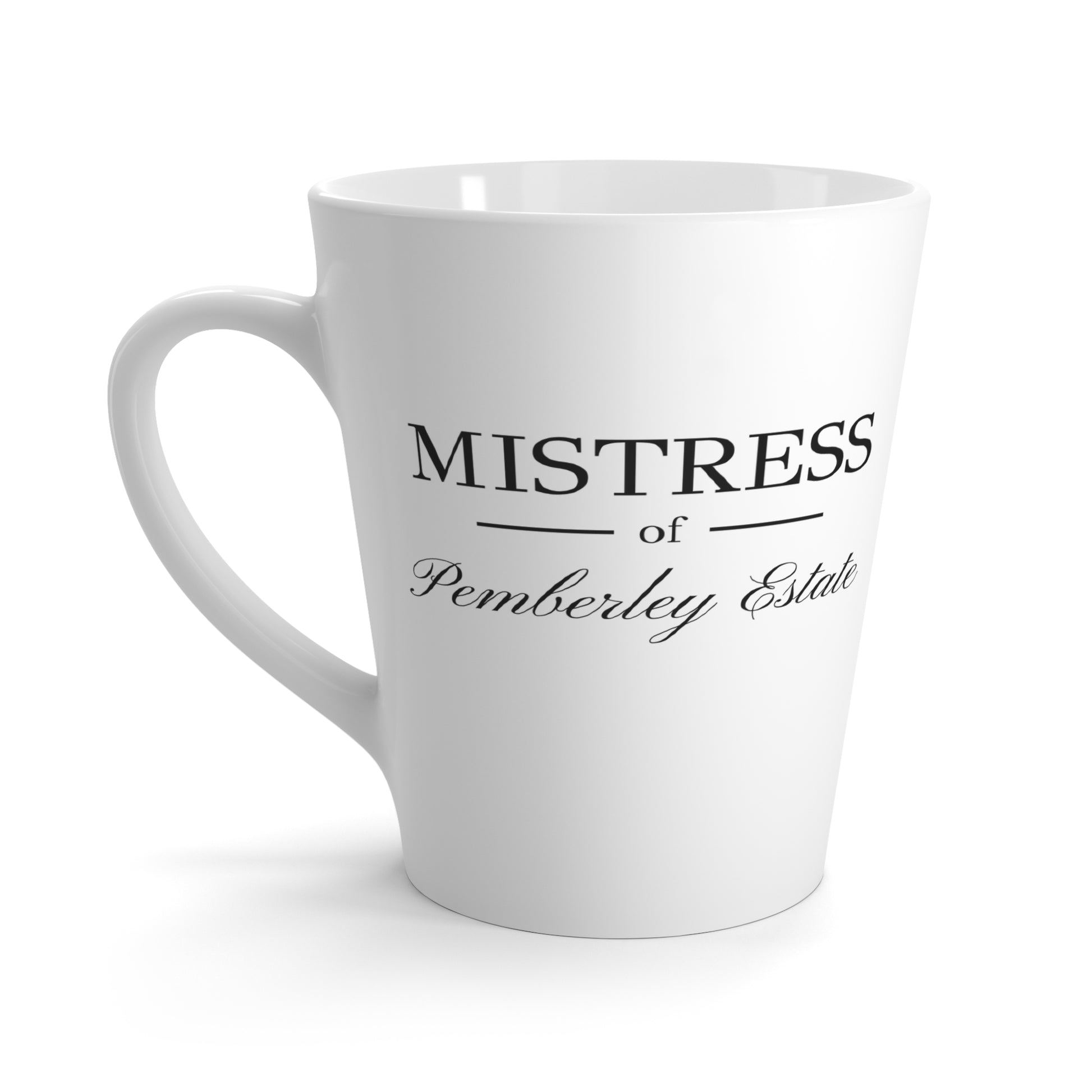 Mrs Darcy mistress of Pemberley Estate black text on white latte mug back