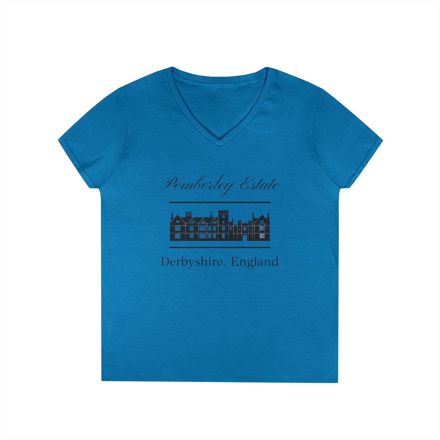 Pemberley Estate Derbyshire England with building text on woman's v-neck t-shirt - sapphire color