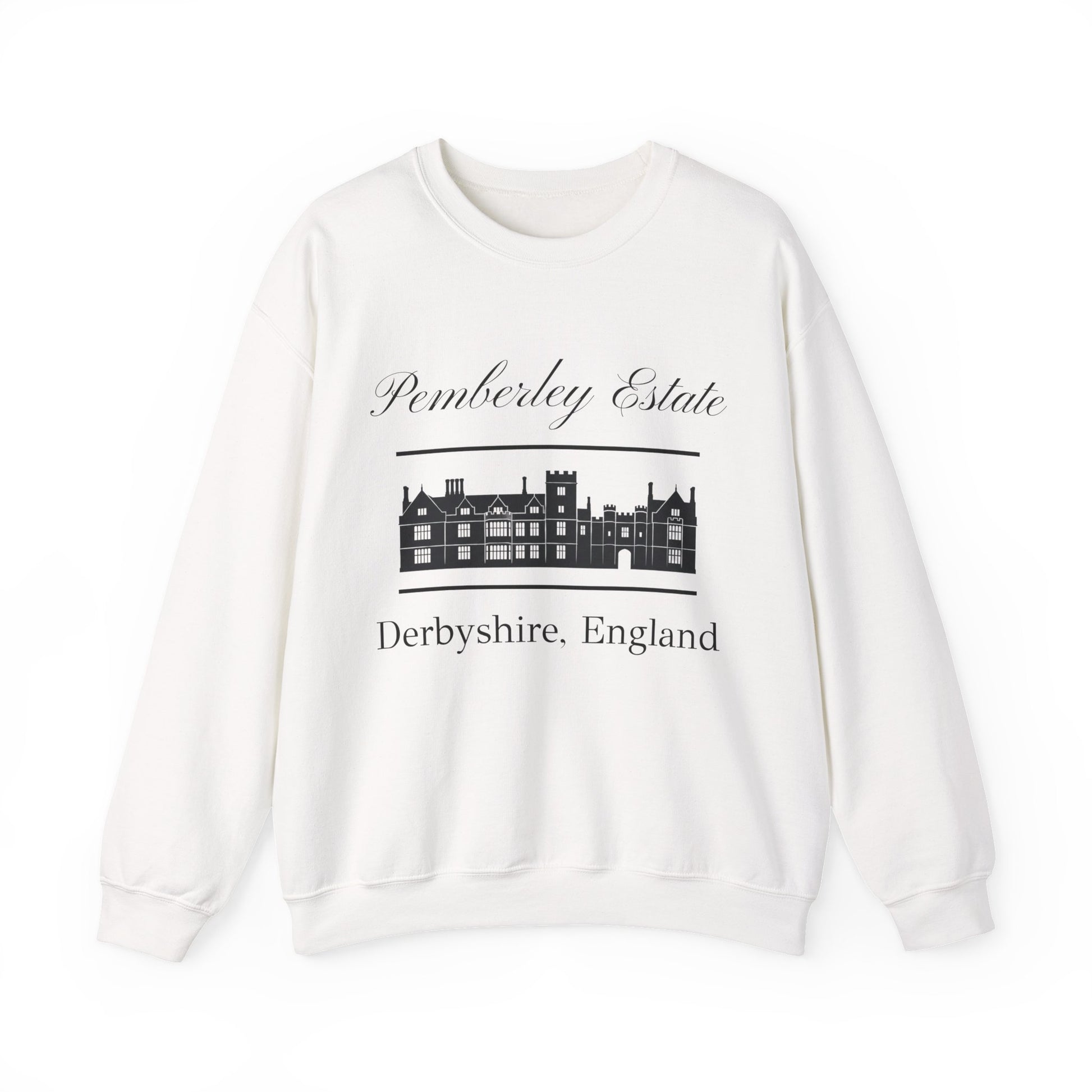 Pemberley Estate Derbyshire England lettering with building  unisex white sweatshirt