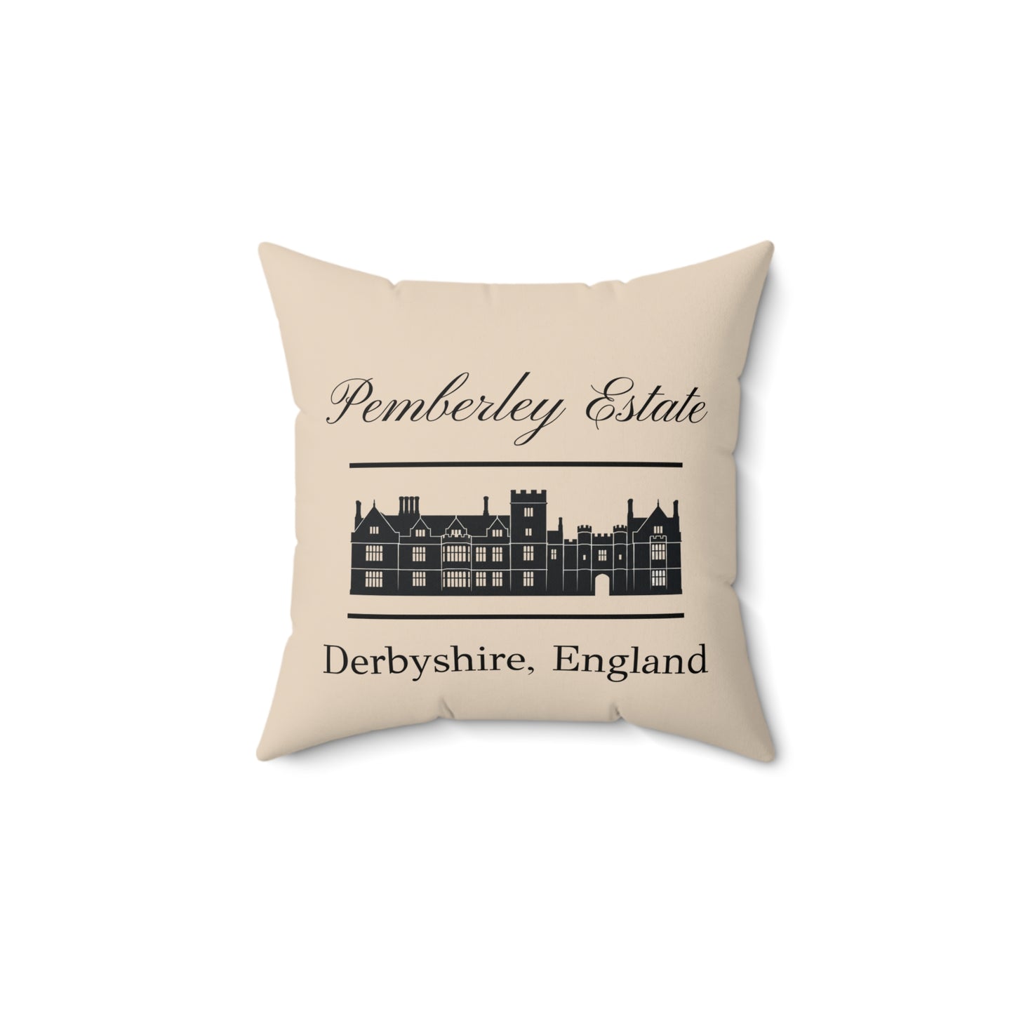 Back side Pemberley Estate text on pillow - sand color 14 inch square