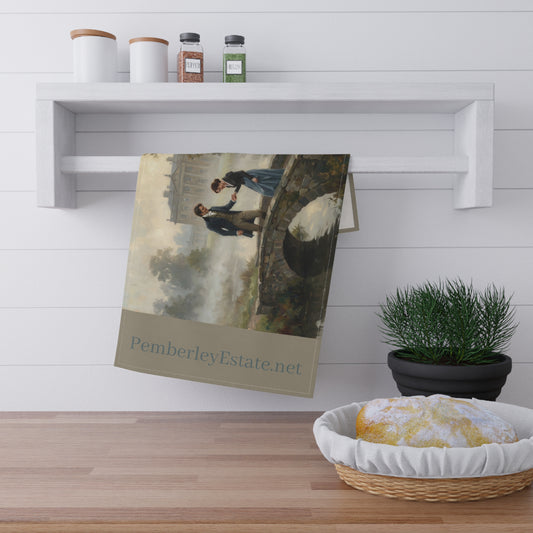 Lizzy & Darcy at Pemberley Bridge Tea Towel — PemberleyEstate.net (Cotton Twill, 18" × 30")