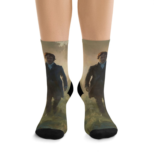 Socks with a printed design of Mr. Darcy walking outdoors 