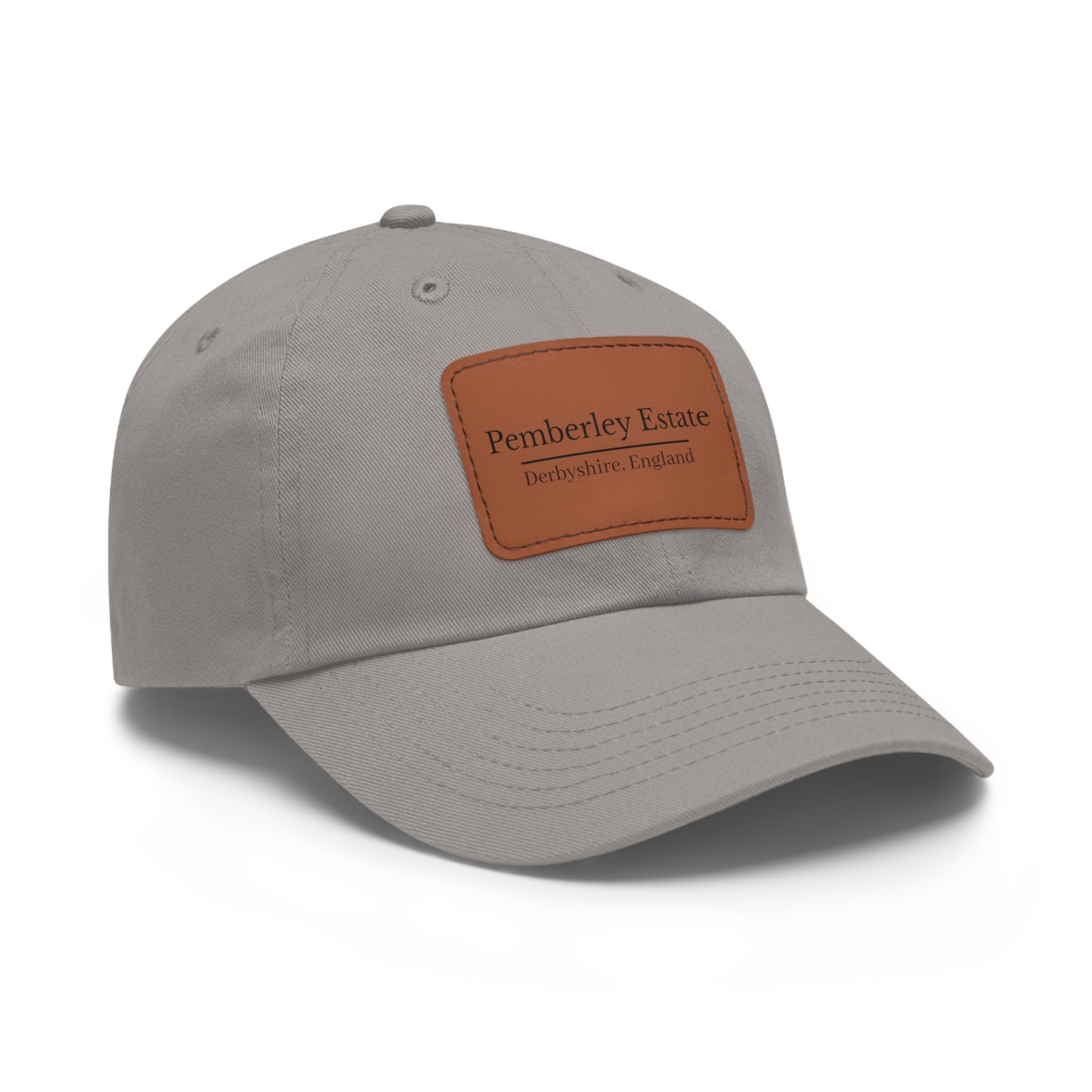 Gray hat with Pemberley Estate writing on  a leather patch