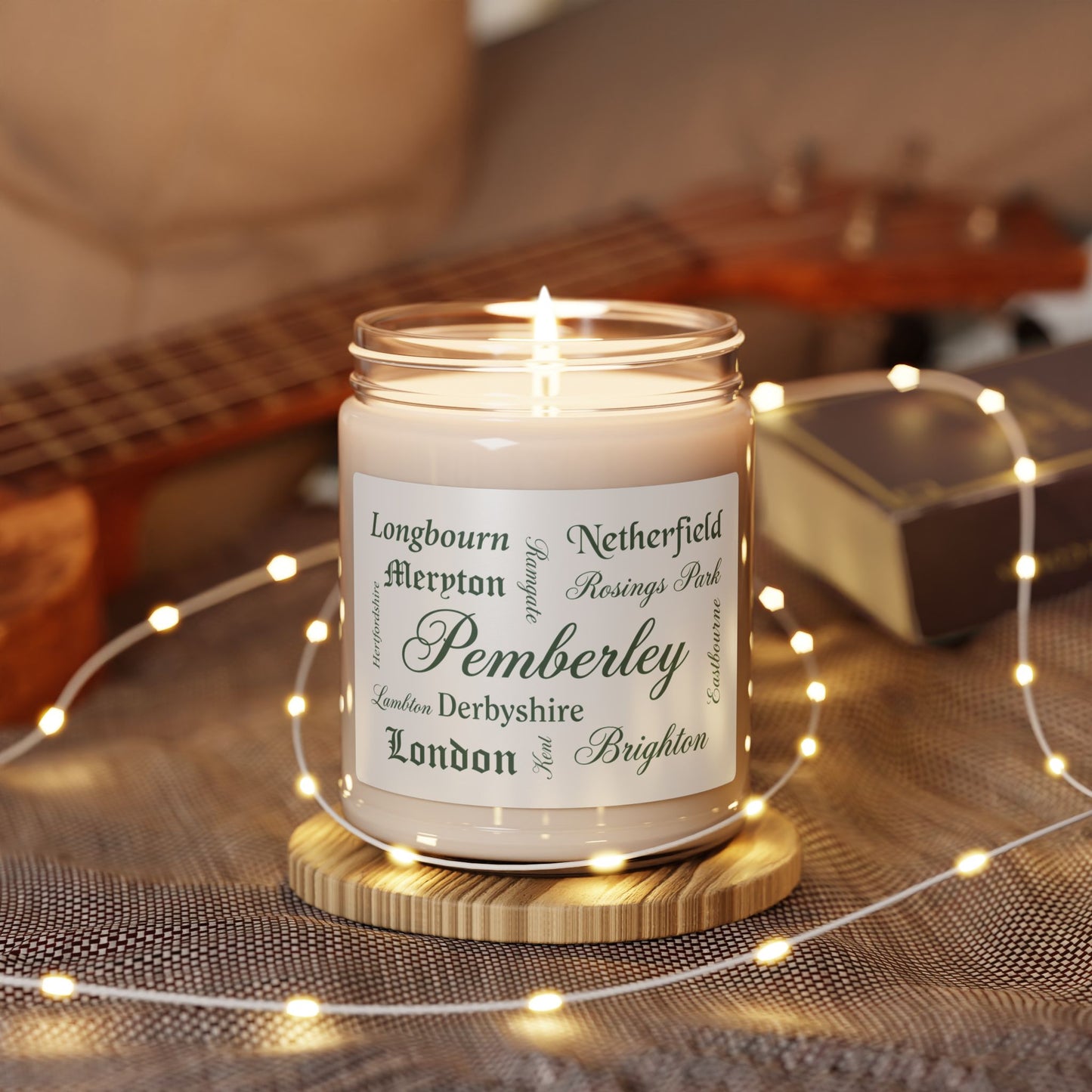 Places of Pride & Prejudice Soy Candle — Pemberley Literary Map Label
